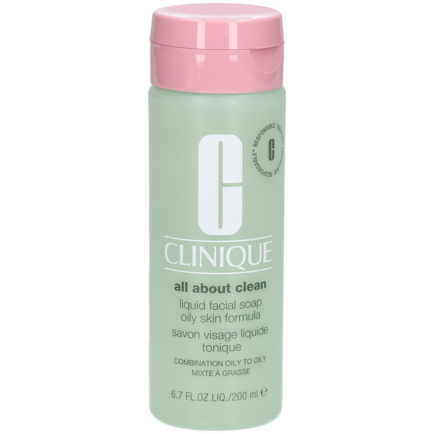 Grüne Flasche mit rosa Deckel. Aufschrift: CLINIQUE all about clean liquid facial soap oily skin formula.