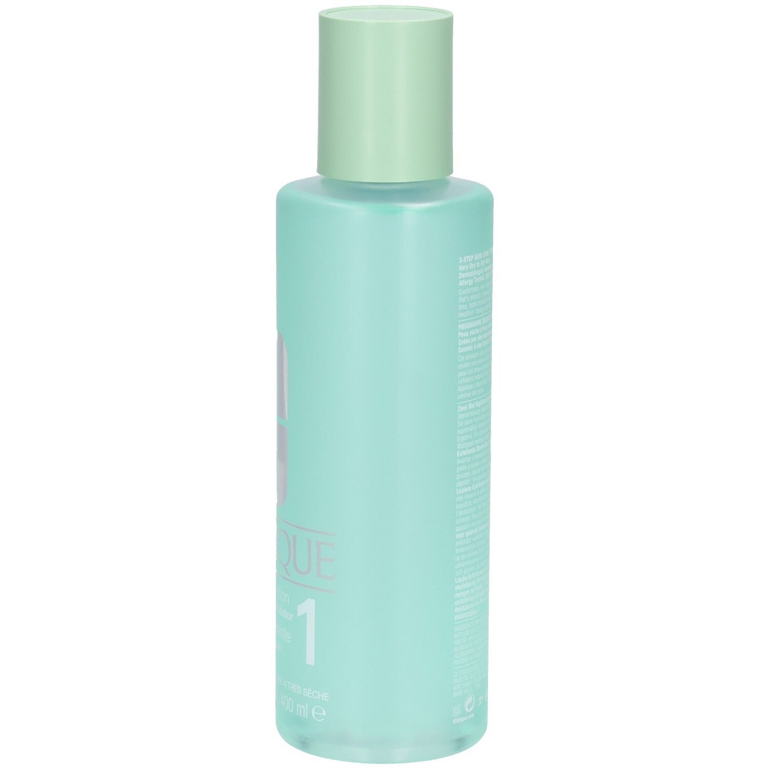 Seite der Clinique Clarifying Lotion 1 Flasche mit Produktinformationen. 400 ml.