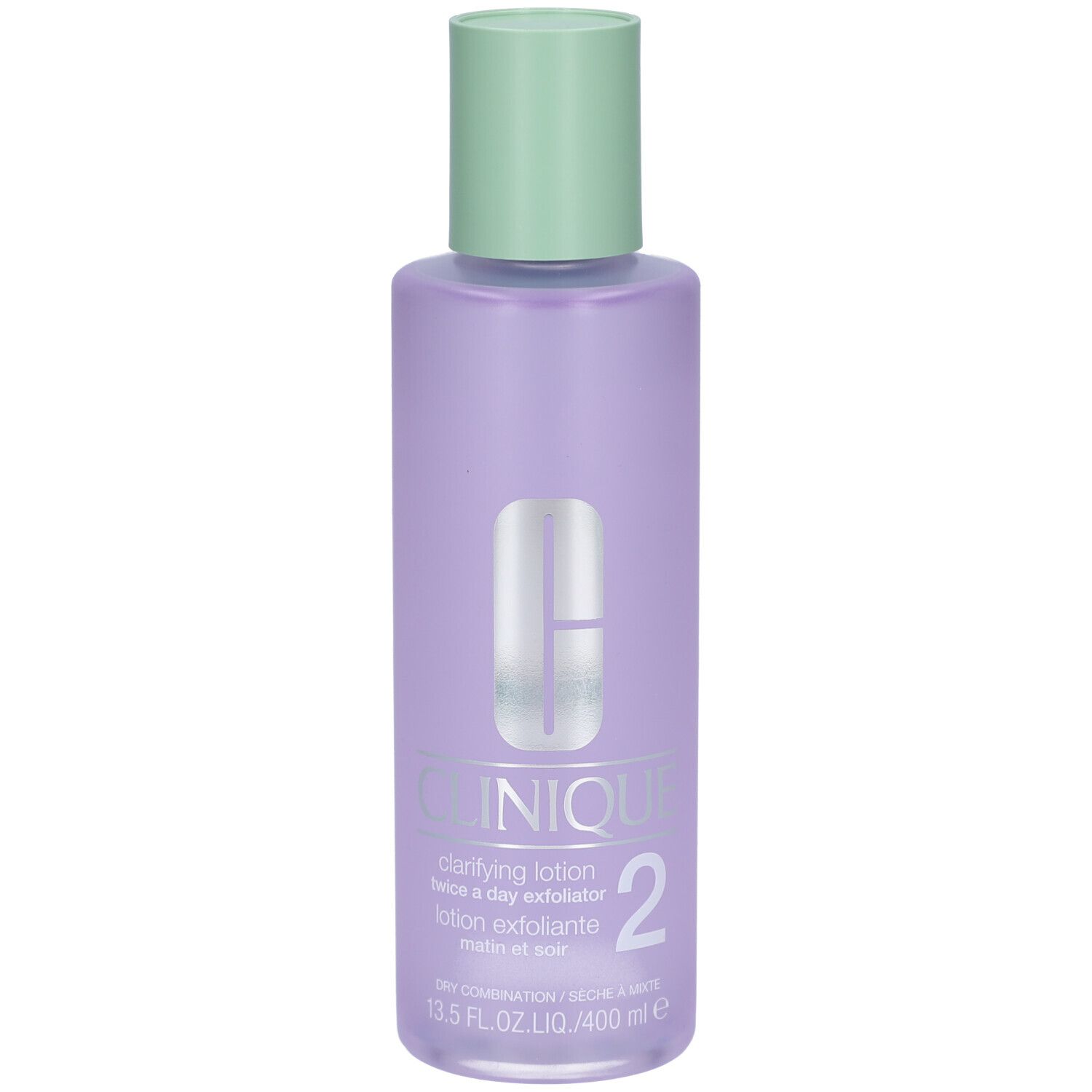 Flasche Clinique Lotion clarifiante Step-2. Lila Flasche mit grünem Deckel. Produktname und Nummer 2.