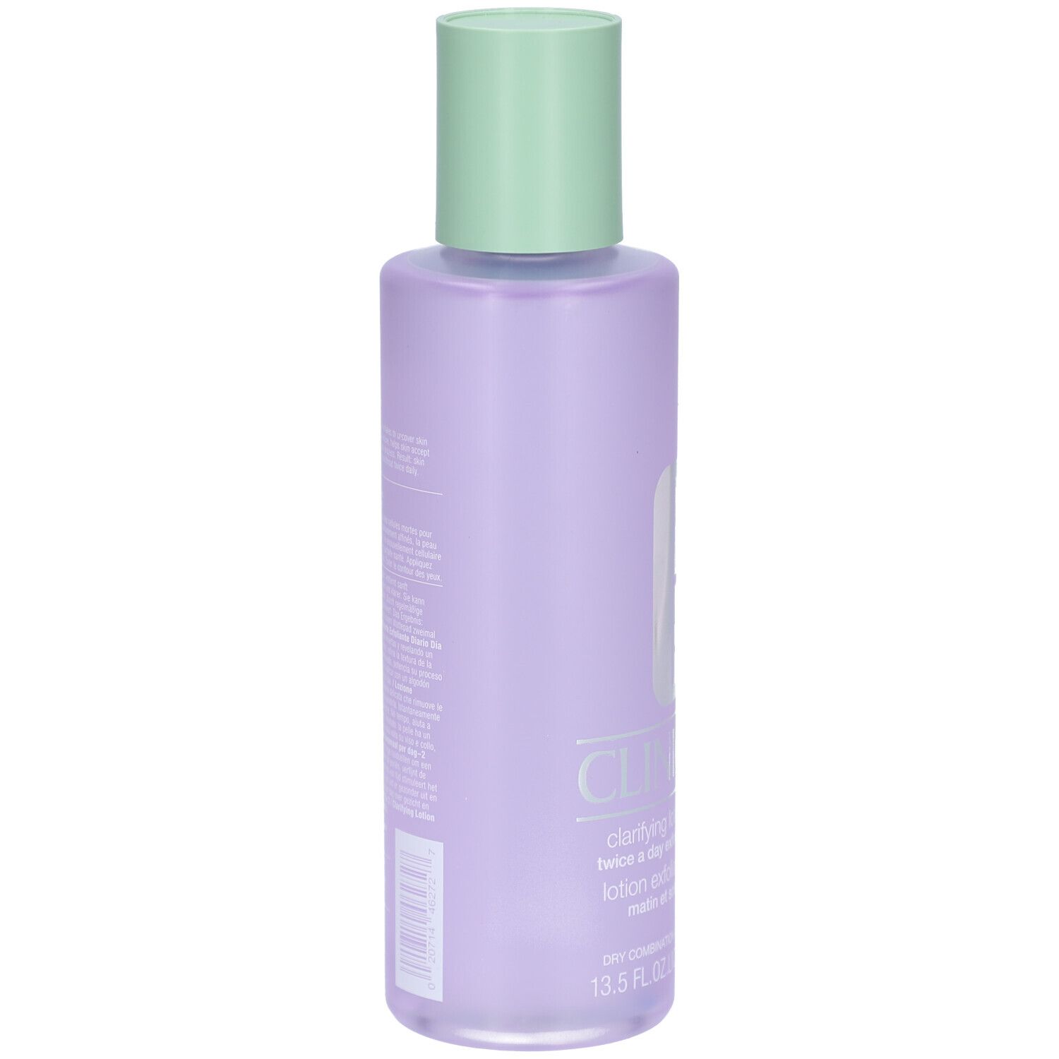 Rückseite der Flasche Clinique Lotion clarifiante Step-2. Text auf lila Flasche. Grüner Deckel.