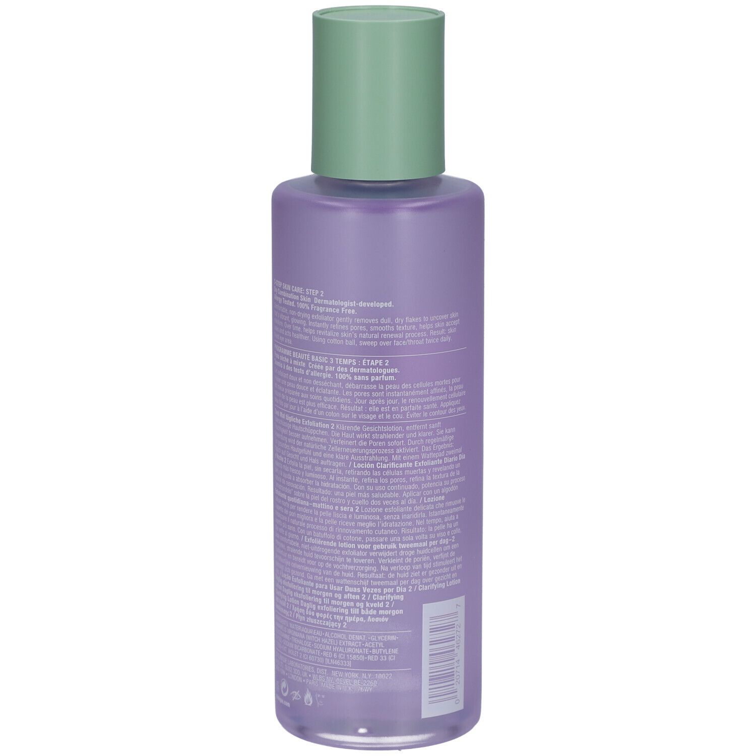 Rückseite der Flasche Clinique Lotion clarifiante Step-2. Text auf lila Flasche. Grüner Deckel.