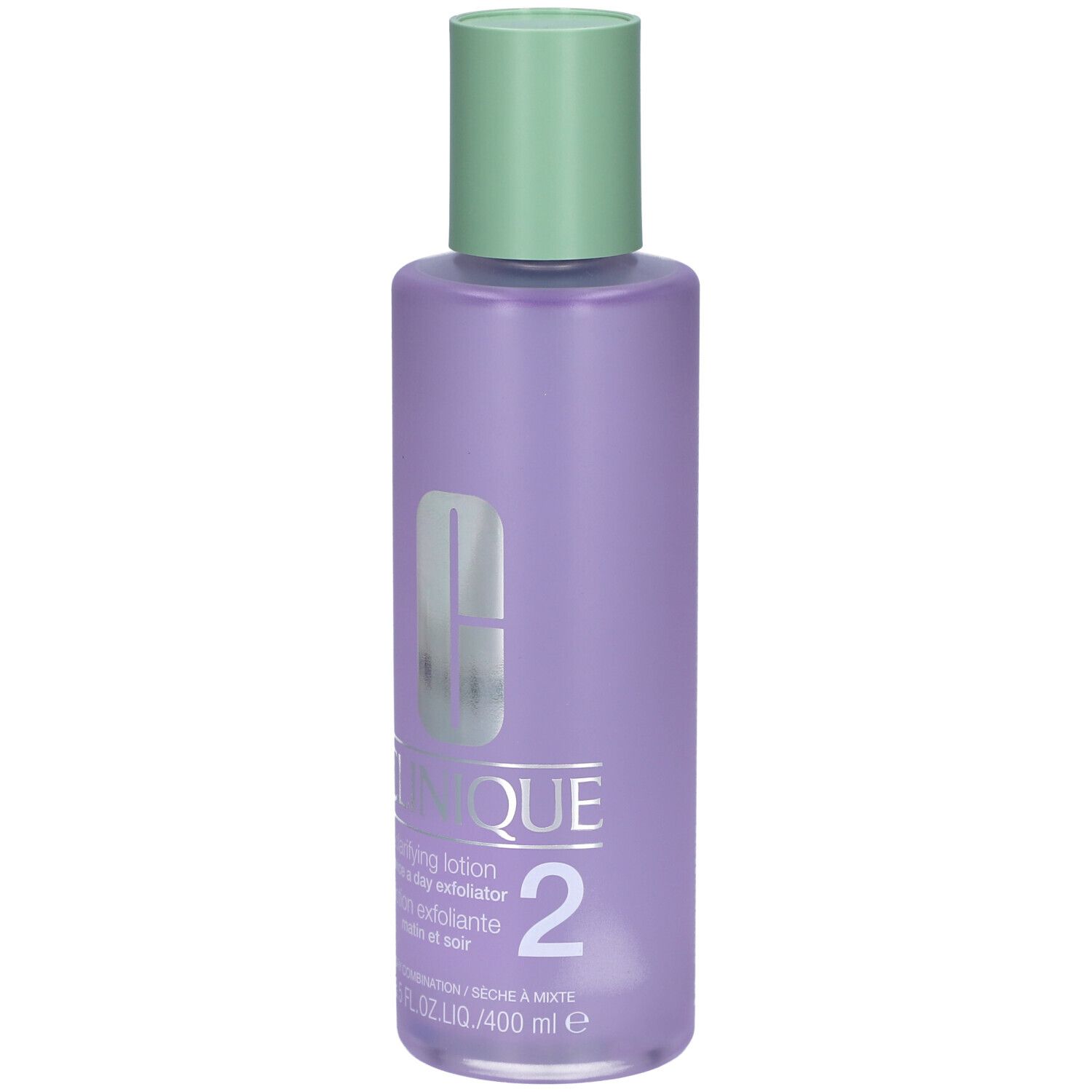 Flasche Clinique Lotion clarifiante Step-2. Lila Flasche mit grünem Deckel. Produktname und Nummer 2.