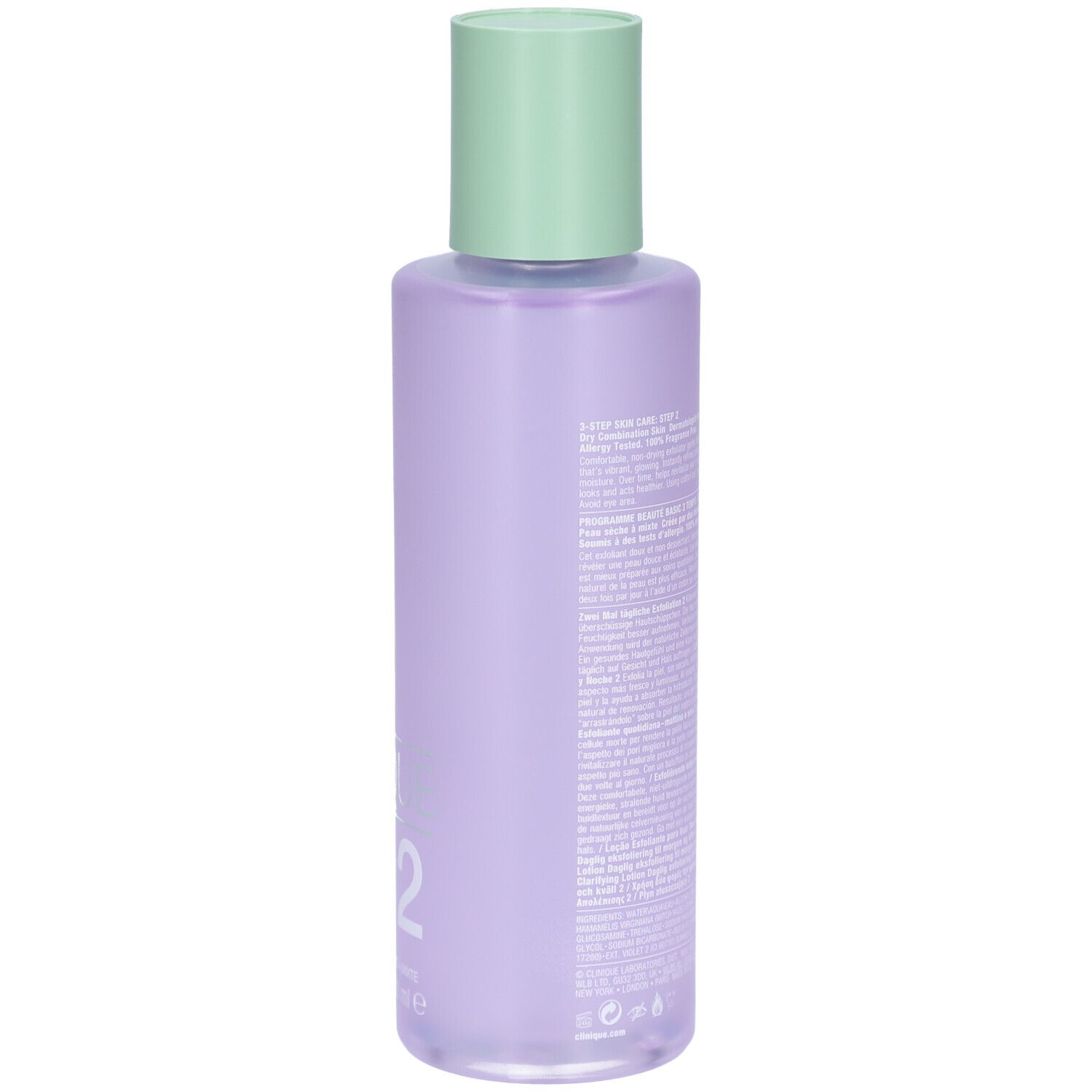 Rückseite der Flasche Clinique Lotion clarifiante Step-2. Text auf lila Flasche. Grüner Deckel.