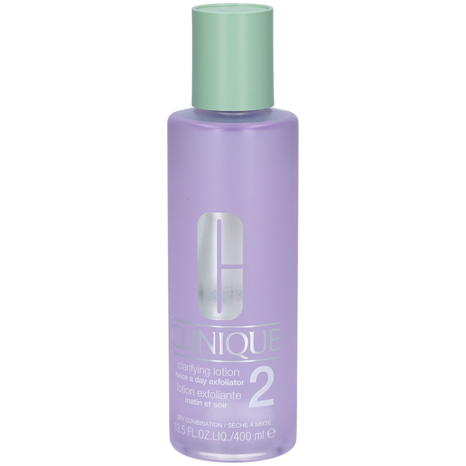 Flasche Clinique Lotion clarifiante Step-2. Lila Flasche mit grünem Deckel. Produktname und Nummer 2.