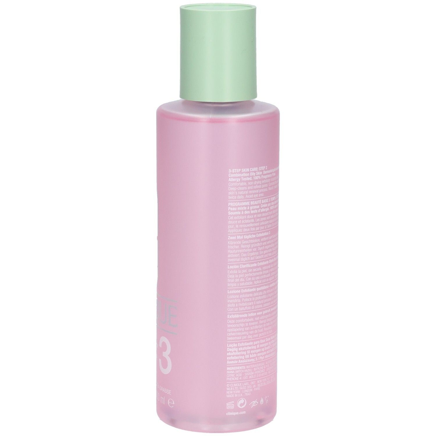 Rückseite der Clinique Clarifying Lotion 3, 400 ml, Flasche mit Text.