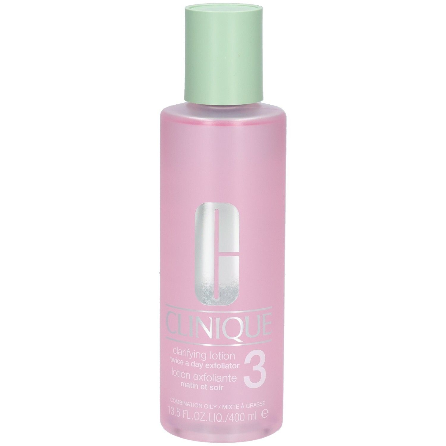 Clinique Clarifying Lotion 3, 400 ml, in rosa Flasche mit hellgrünem Deckel.