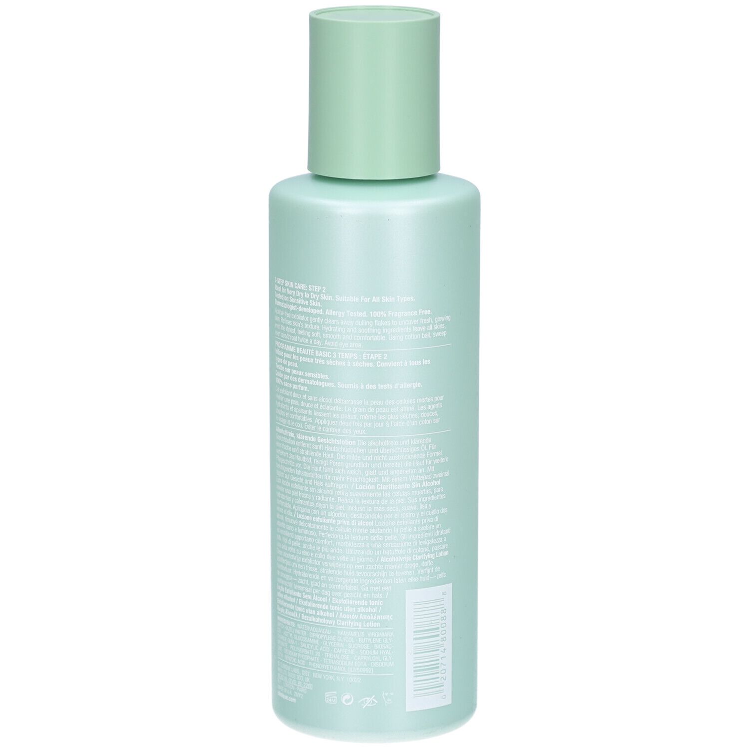 Hellgrüne Flasche mit hellgrünem Deckel. Rückseite mit Text. Aufschrift: Clinique Clarifying Lotion. Alkohol-frei. 13.5 FL.OZ./400 ml.