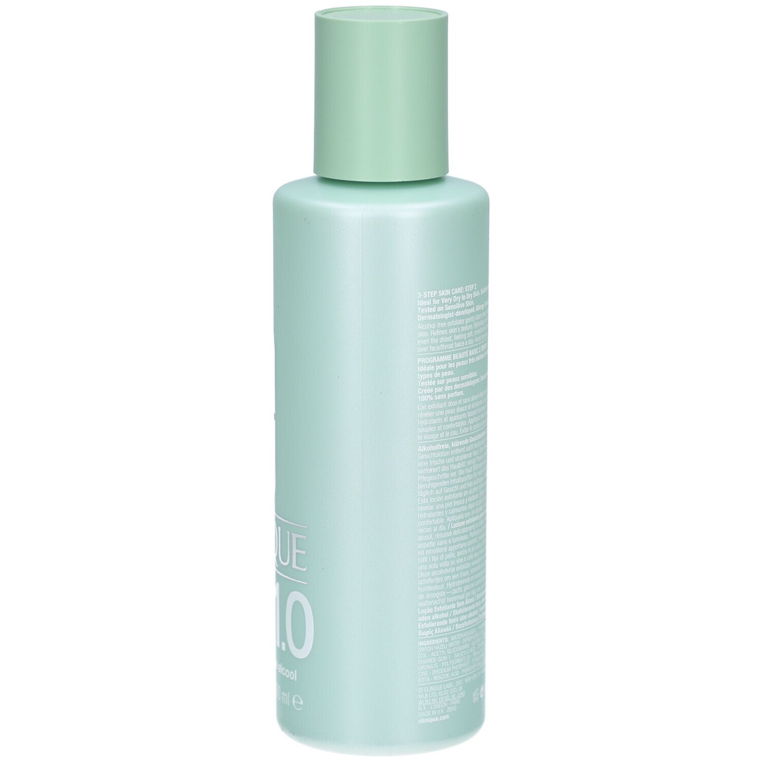 Hellgrüne Flasche mit hellgrünem Deckel. Rückseite mit Text. Aufschrift: Clinique Clarifying Lotion. Alkohol-frei. 13.5 FL.OZ./400 ml.