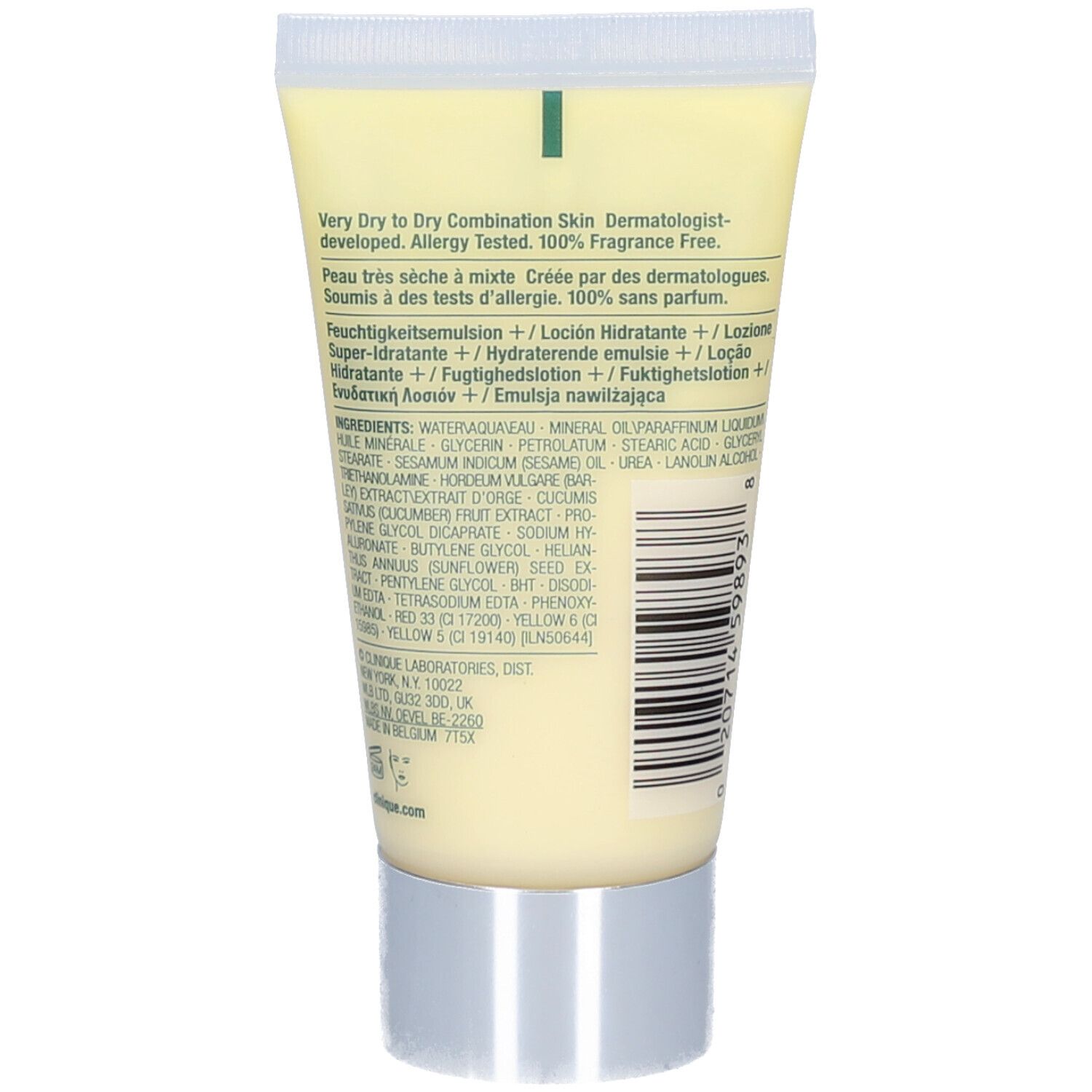Rückseite der gelben Tube. Text: Very Dry to Dry Combination Skin. Inhaltsstoffe und weitere Produktinformationen.