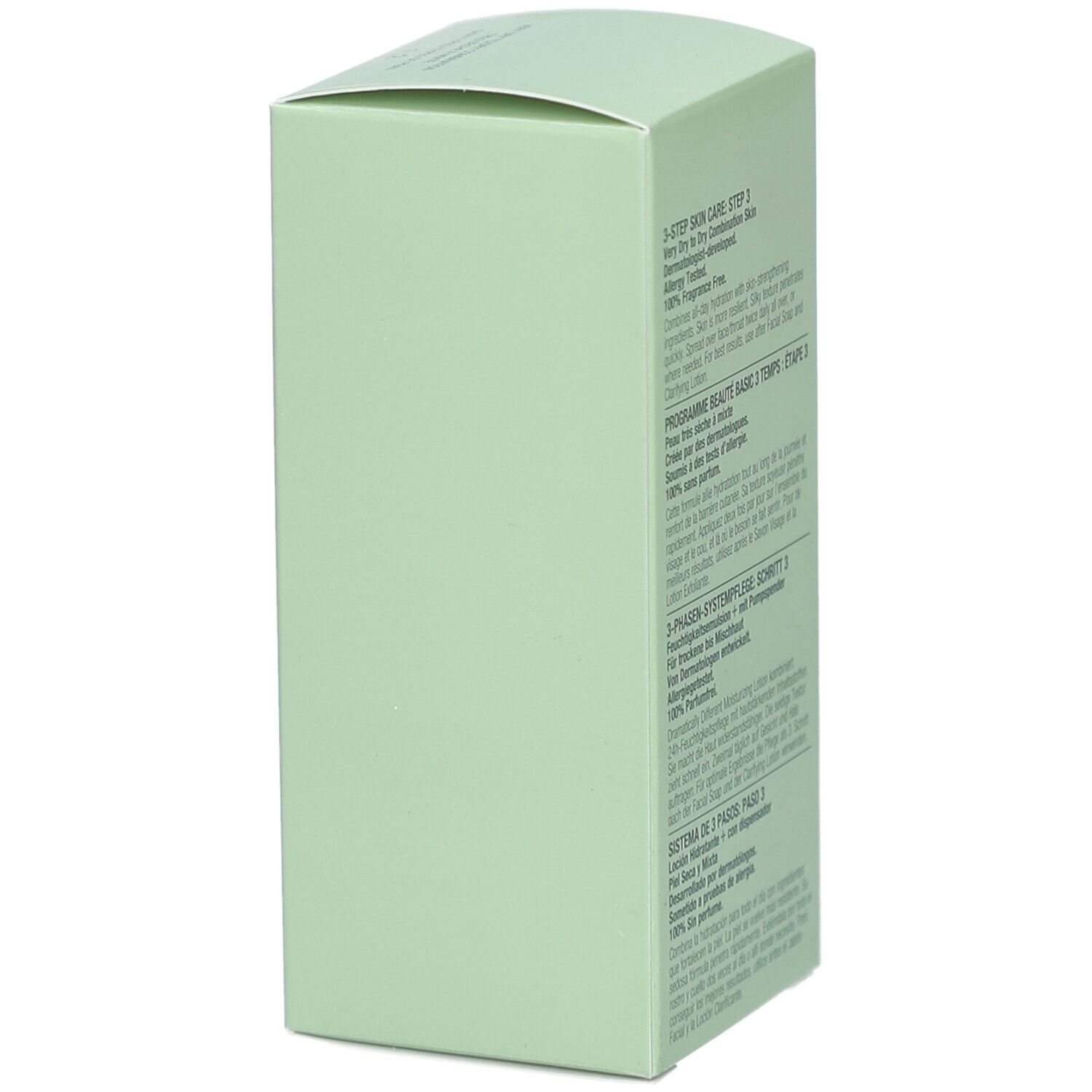 Grüne Verpackung von Clinique. Text in Englisch, Französisch, Deutsch und Spanisch. Enthält Informationen zum Produkt.