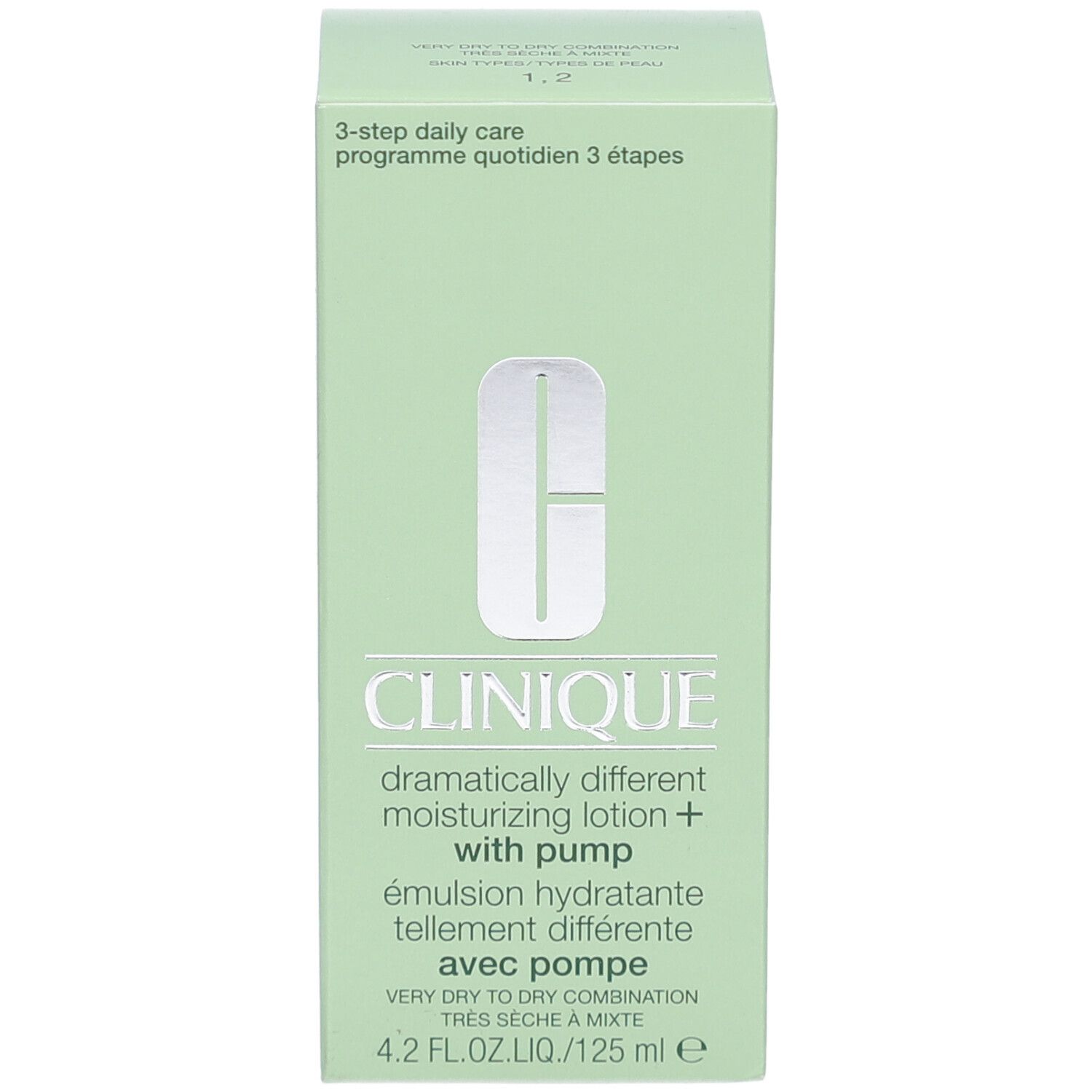 Grüne Verpackung von Clinique. Aufschrift: Dramatically Different Moisturizing Lotion+ with pump. 4.2 fl.oz.liq./125 ml.