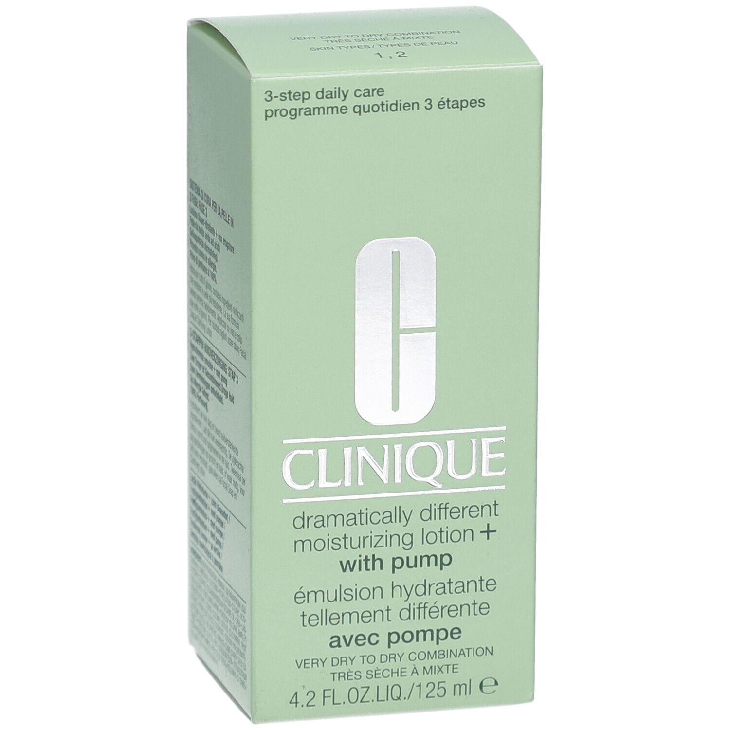 Grüne Verpackung von Clinique. Aufschrift: Dramatically Different Moisturizing Lotion+ with pump. 4.2 fl.oz.liq./125 ml.