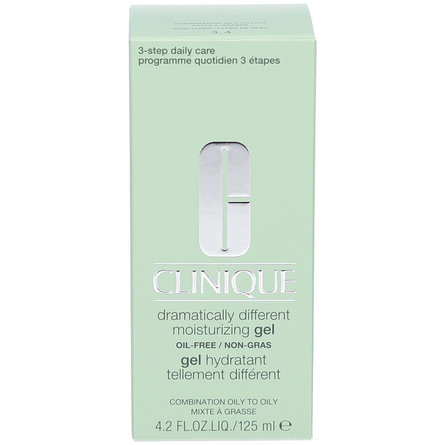Hellgrüne Verpackung. Aufschrift: Clinique, Dramatically Different Moisturizing Gel, Ölfrei. 4.2 FL.OZ.LIQ./125 ml e. 3-step daily care.