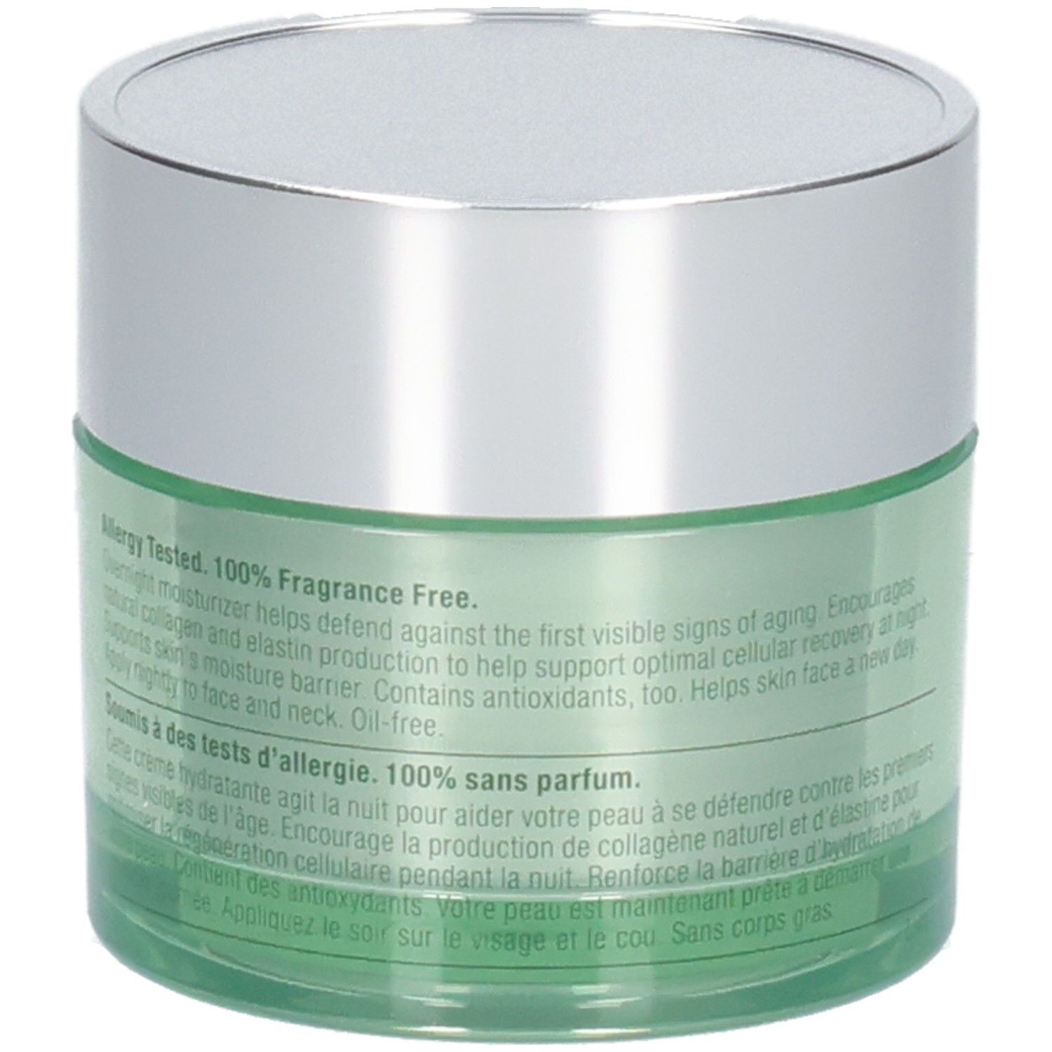 Grünes Tiegel mit silbernem Deckel. Text auf der Rückseite: Allergy Tested. 100% Fragrance Free.