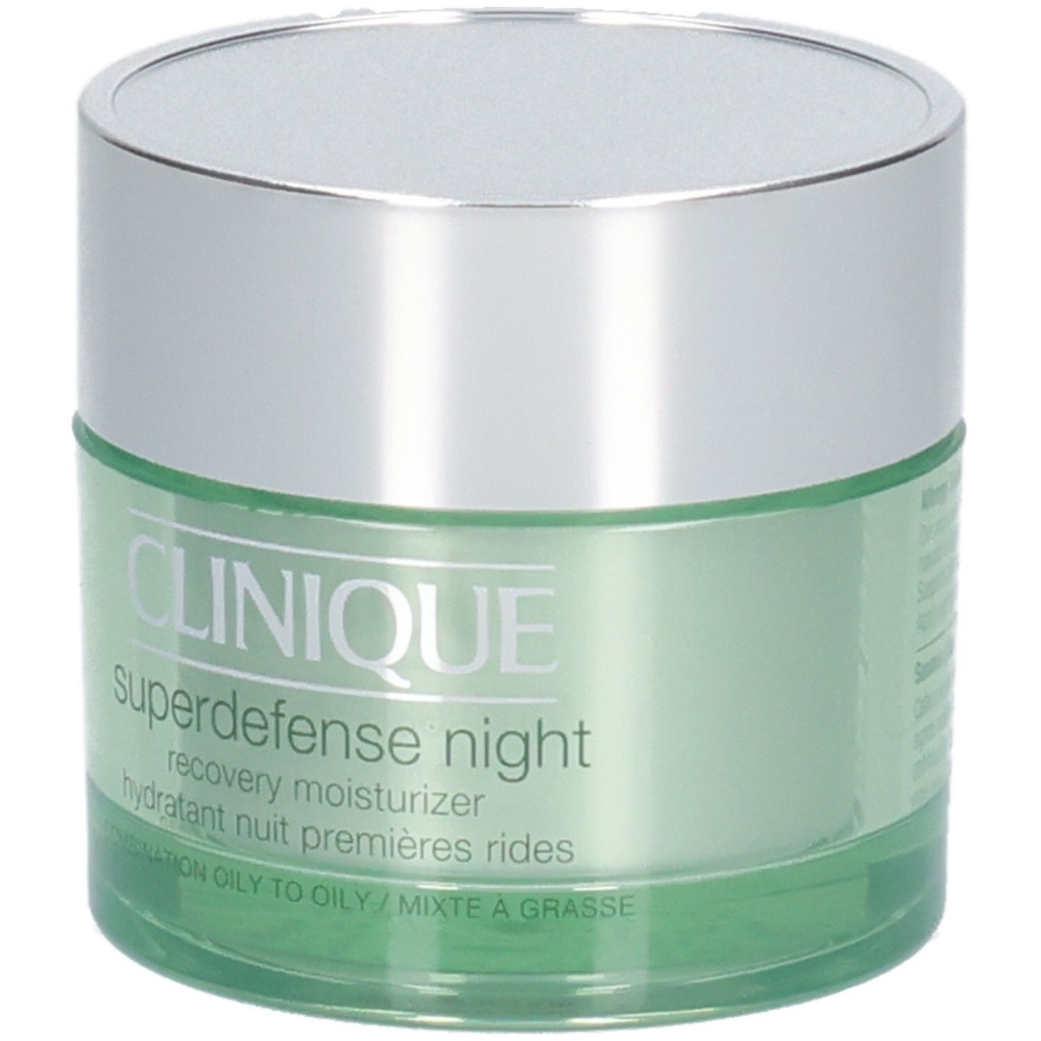 Grünes Tiegel mit silbernem Deckel. Aufschrift: CLINIQUE, Superdefense night, recovery moisturizer.