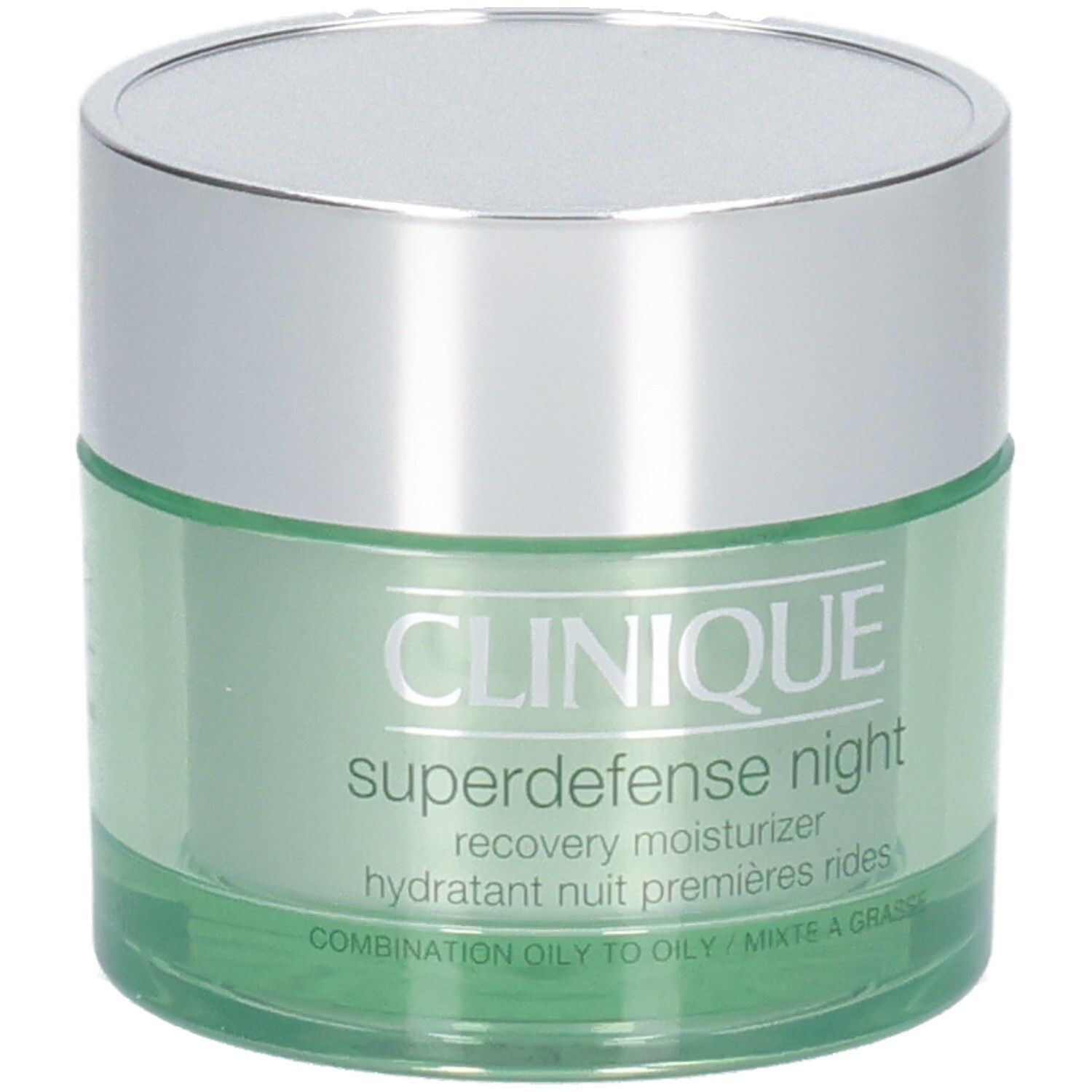 Grünes Tiegel mit silbernem Deckel. Aufschrift: CLINIQUE, Superdefense night, recovery moisturizer.