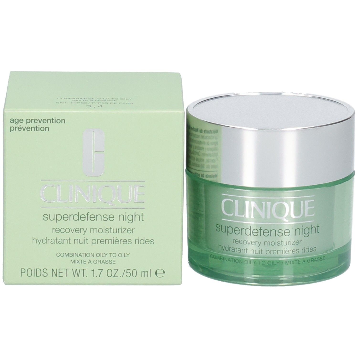 Grüne Schachtel und Tiegel mit silbernem Deckel. Aufschrift: CLINIQUE, Superdefense night, recovery moisturizer.