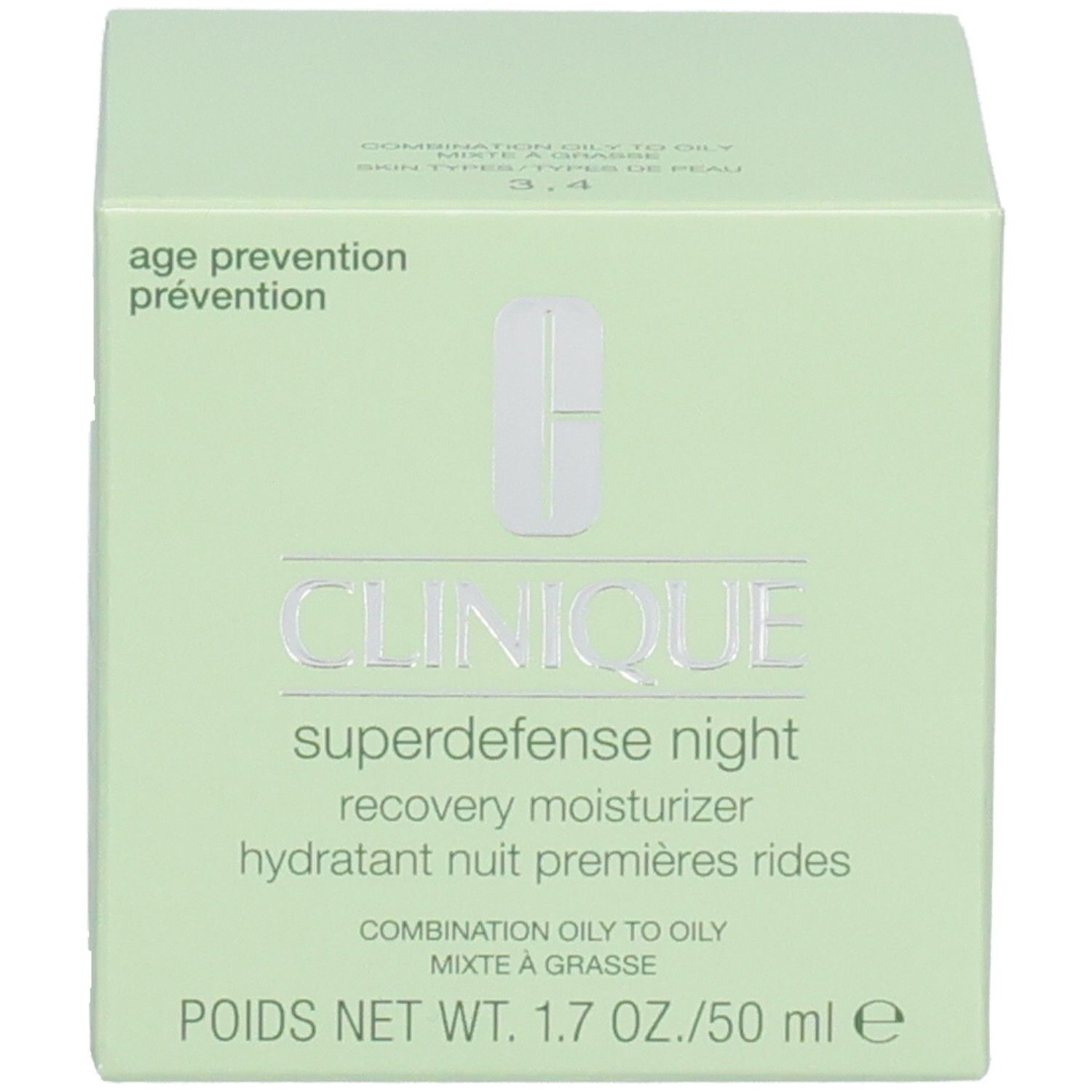 Grüne Schachtel. Aufschrift: CLINIQUE, Superdefense night, recovery moisturizer. Poids net: 1.7 oz./50 ml.