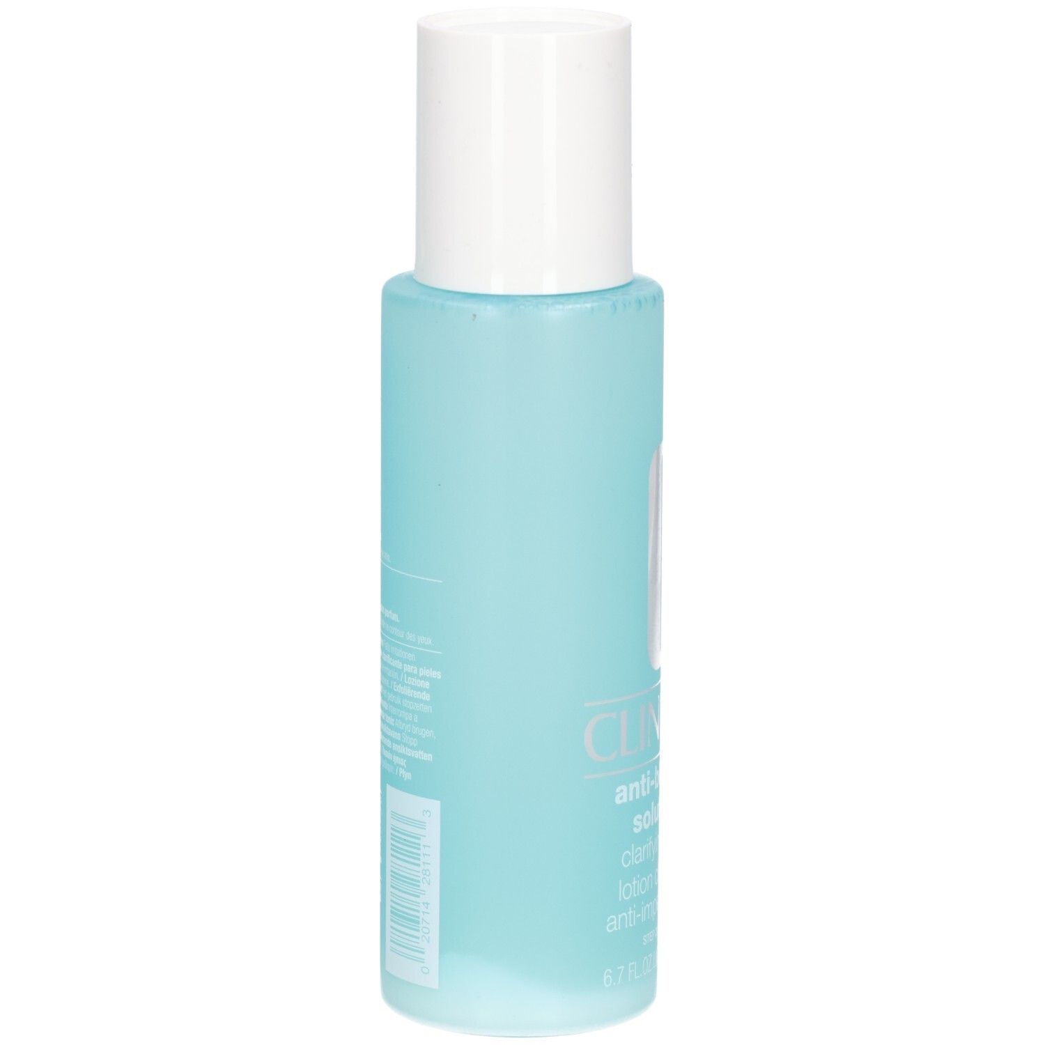 Clinique Anti-Blemish Solutions Clarifying Lotion, Rückseite der 200 ml Flasche mit Etikett.