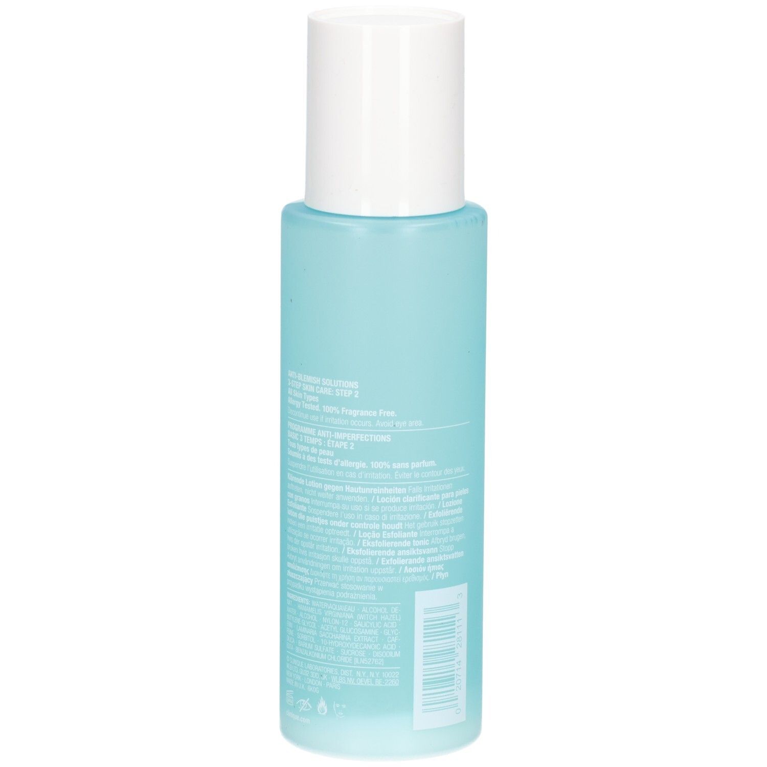 Clinique Anti-Blemish Solutions Clarifying Lotion, Rückseite der 200 ml Flasche mit detaillierten Informationen.