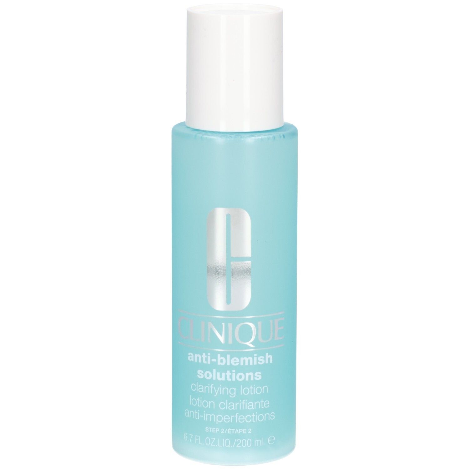 Clinique Anti-Blemish Solutions Clarifying Lotion, 200 ml Flasche, Vorderansicht mit Logo.