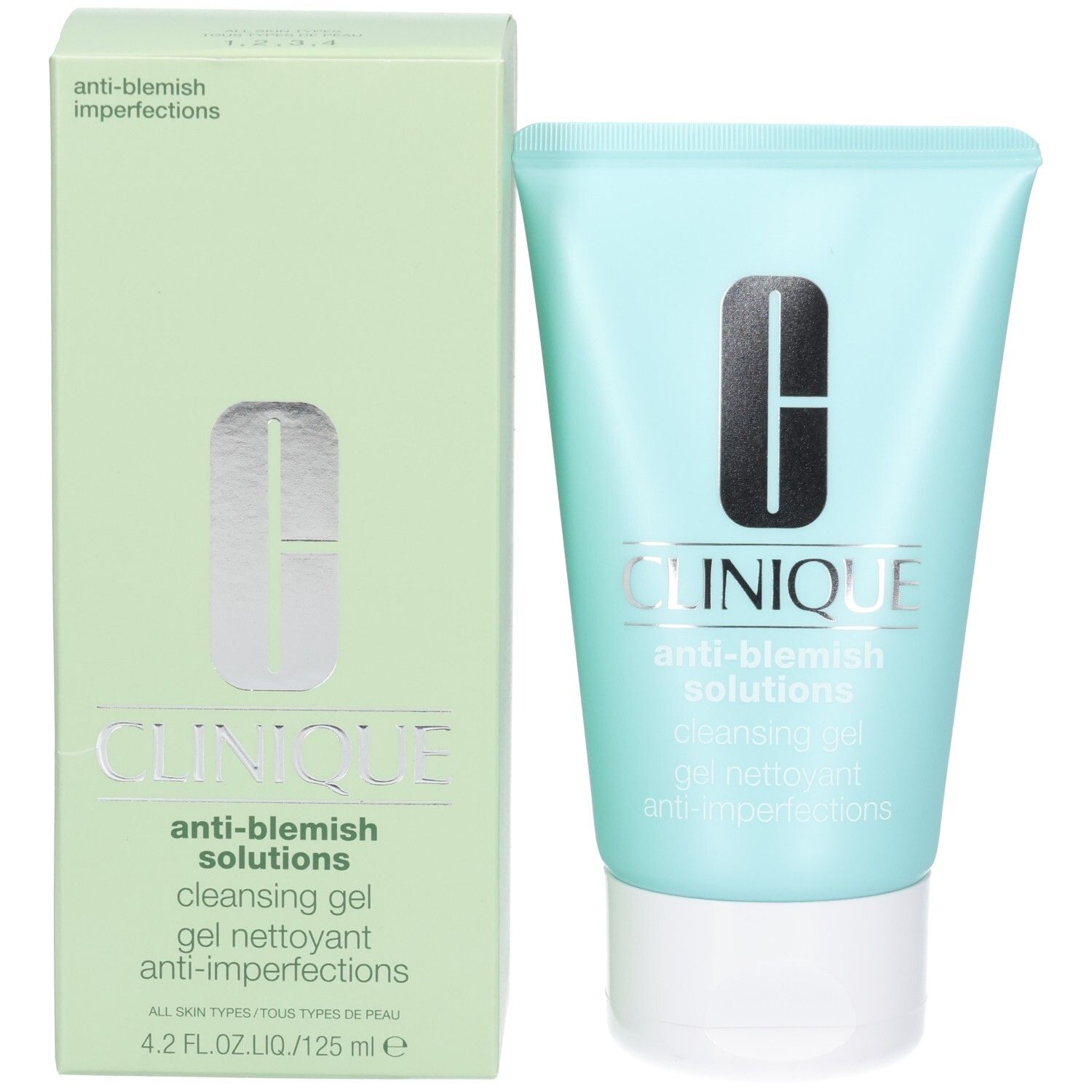 Hellgrüne Schachtel und hellblaue Tube mit weißem Deckel. Enthält das Clinique-Logo und Produktbezeichnungen. Text: Anti-Blemish Solutions.