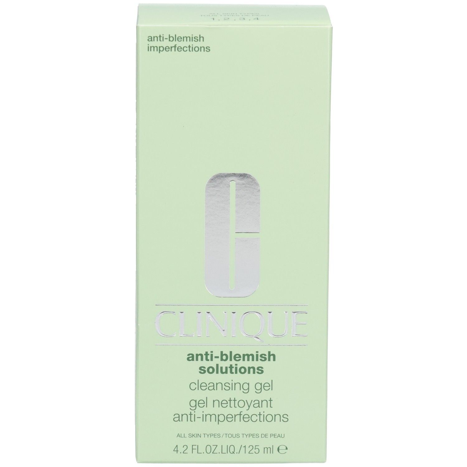 Hellgrüne Schachtel mit Produktbezeichnungen. Enthält das Clinique-Logo und Text: Anti-Blemish Solutions, cleansing gel, anti-imperfections.