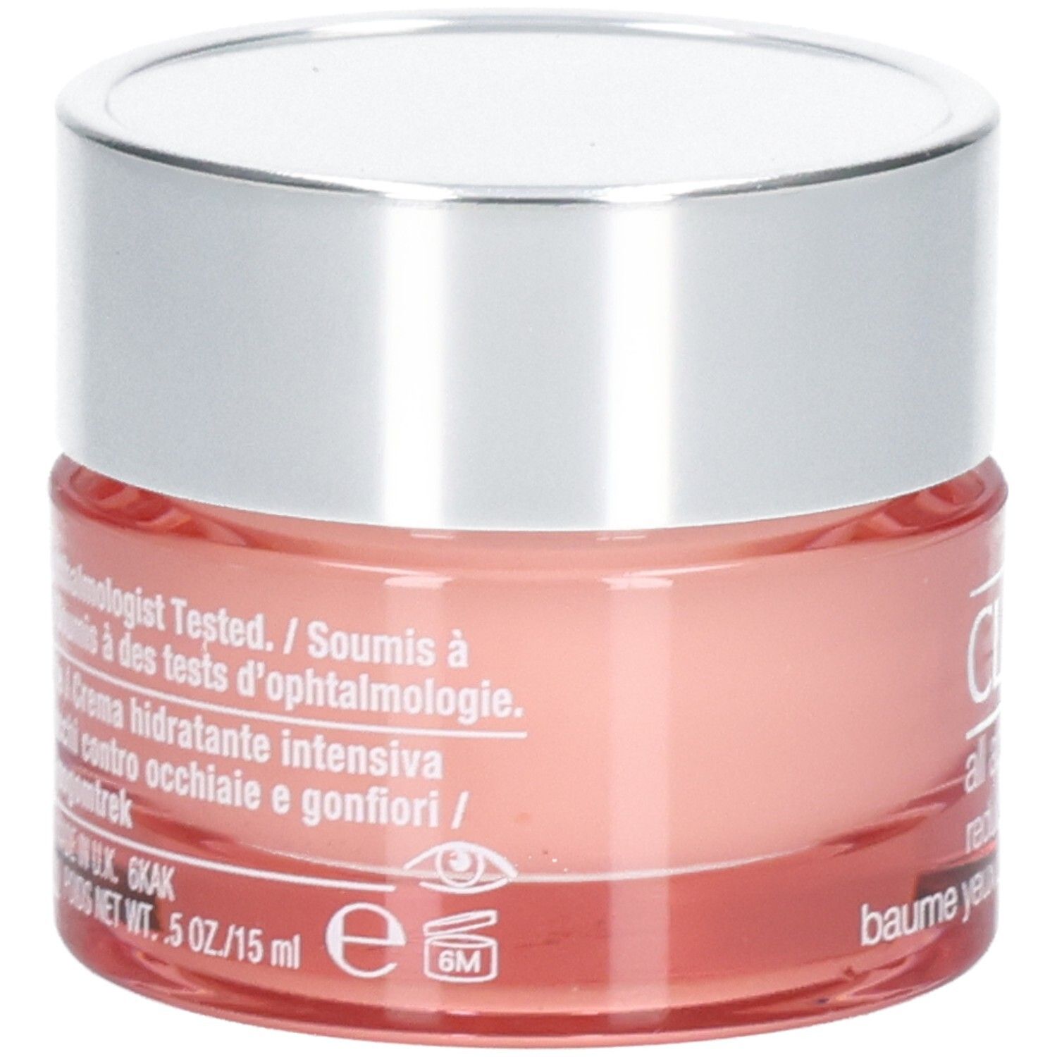 Runder Tiegel mit silbernem Deckel. Rosa Creme. Aufschrift: Clinique. Text in mehreren Sprachen. 5 oz/15 ml.