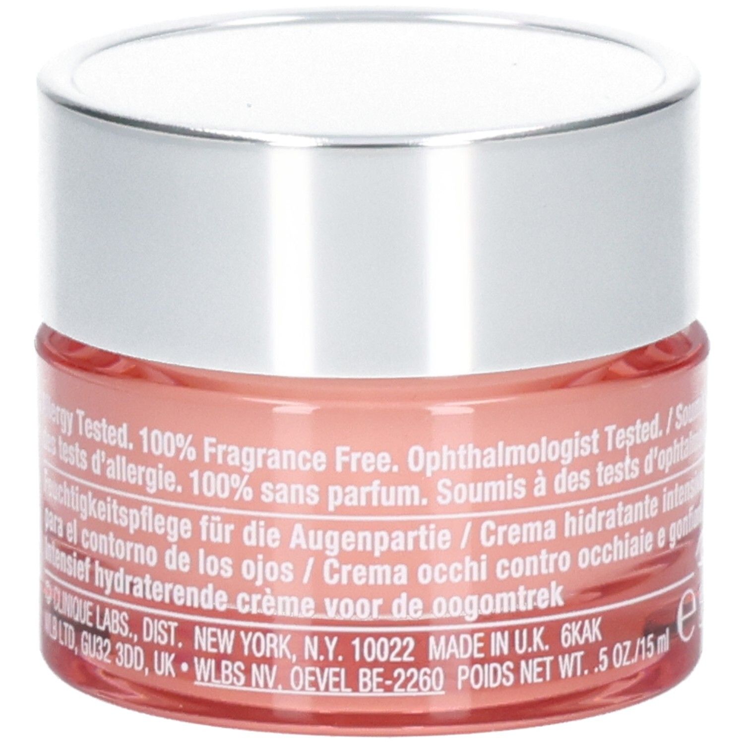 Runder Tiegel mit silbernem Deckel. Rosa Creme. Aufschrift: Clinique. Text in mehreren Sprachen. 5 oz/15 ml.