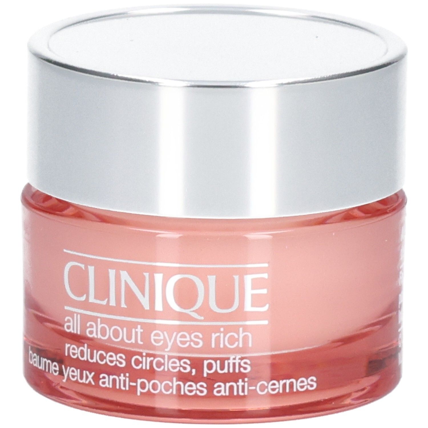Runder Tiegel mit silbernem Deckel. Rosa Creme. Aufschrift: Clinique all about eyes rich, reduziert Augenringe und Schwellungen.
