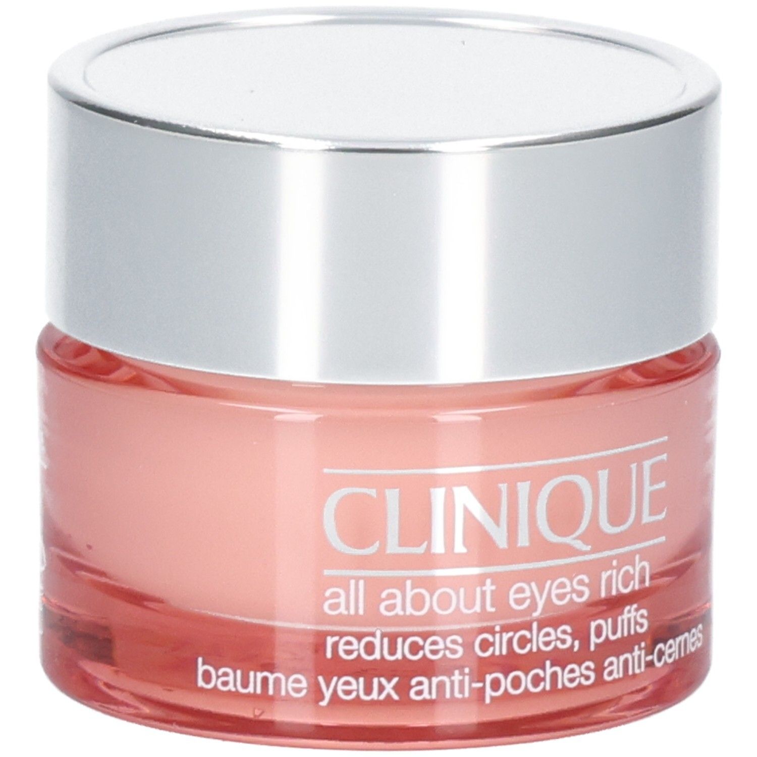 Runder Tiegel mit silbernem Deckel. Rosa Creme. Aufschrift: Clinique all about eyes rich, reduziert Augenringe und Schwellungen.