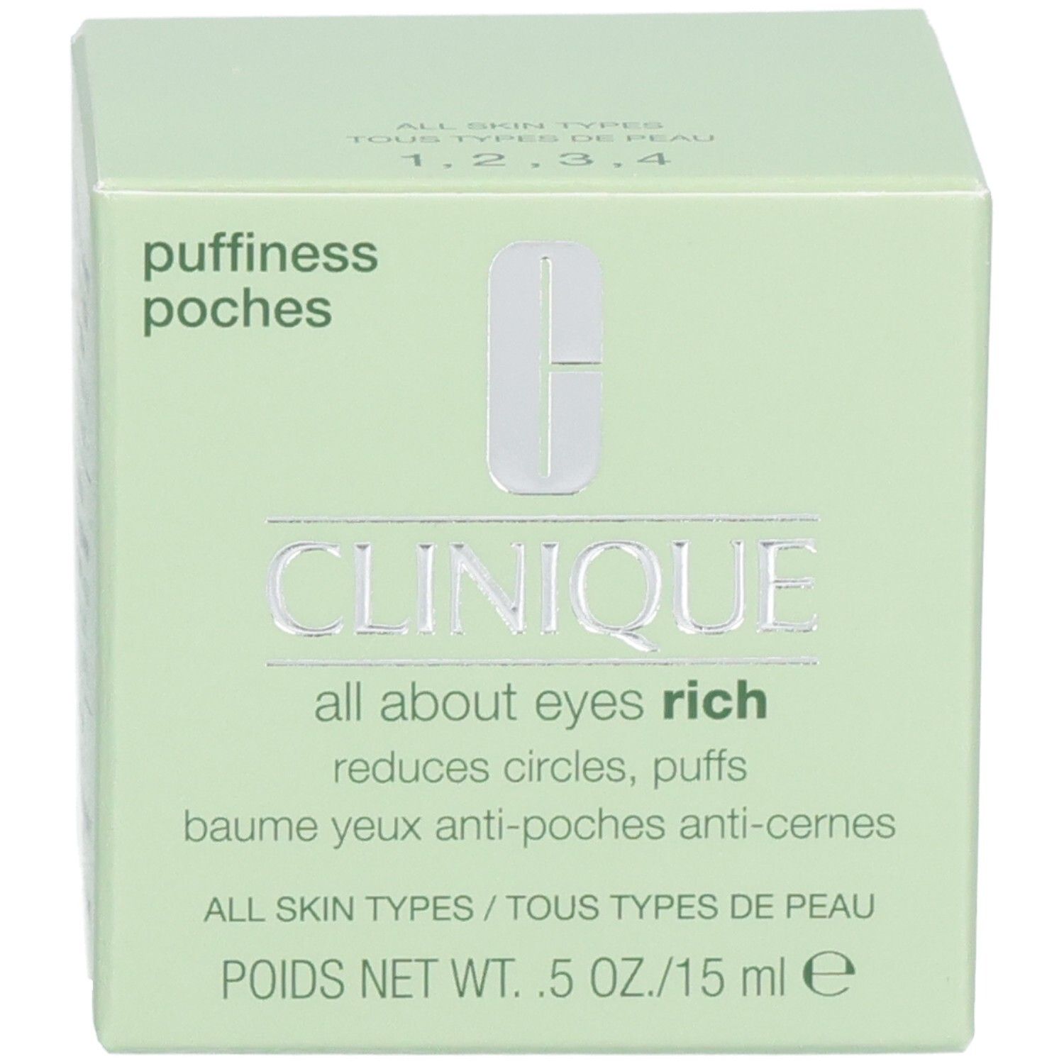 Grüne Schachtel. Aufschrift: Clinique all about eyes rich, reduziert Augenringe und Schwellungen. 0.5 oz/15 ml.