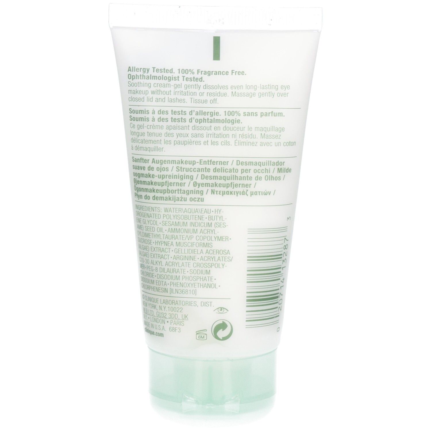 Rückseite der Clinique Naturally Gentle Eye Makeup Remover Tube mit Inhaltsstoffen und Zertifizierungen.