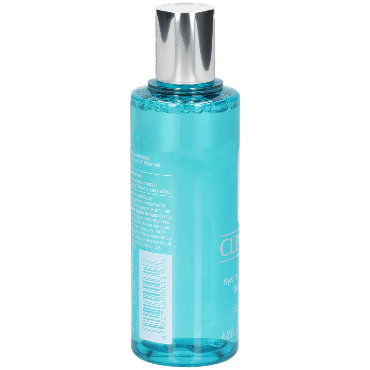 Rückseite des Clinique Augen Make-up Entferners, 125 ml, mit Barcode und Produktinformationen.