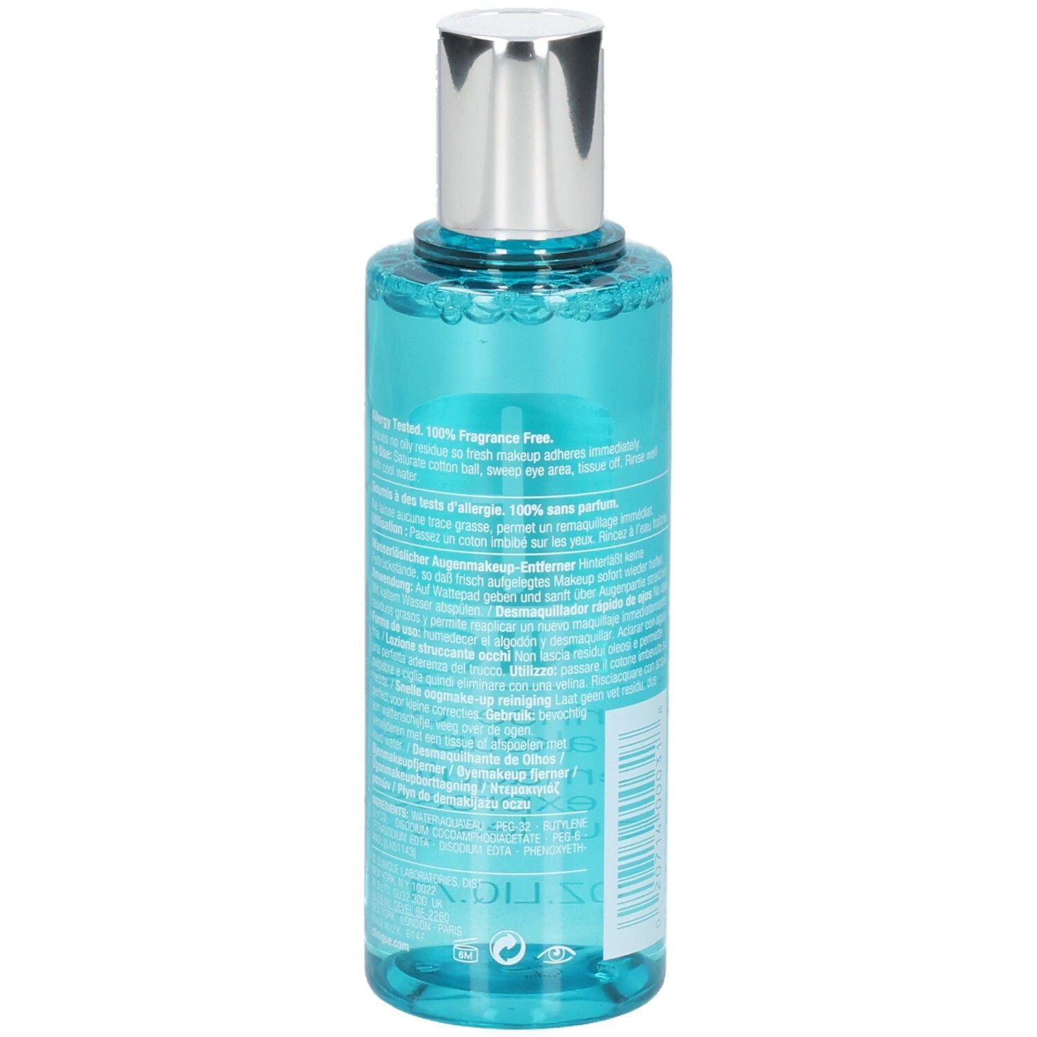 Seitenansicht des Clinique Augen Make-up Entferners, 125 ml, mit detaillierten Anwendungshinweisen.