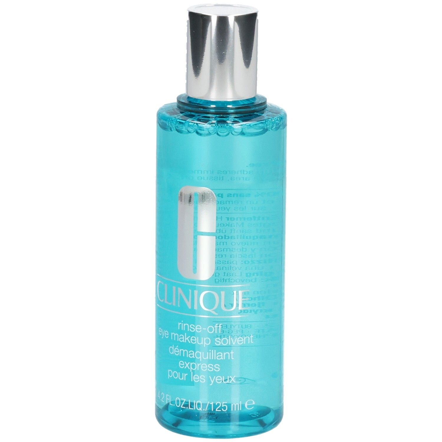 Clinique Augen Make-up Entferner, 125 ml, blaue Flüssigkeit in transparenter Flasche mit silbernem Verschluss.