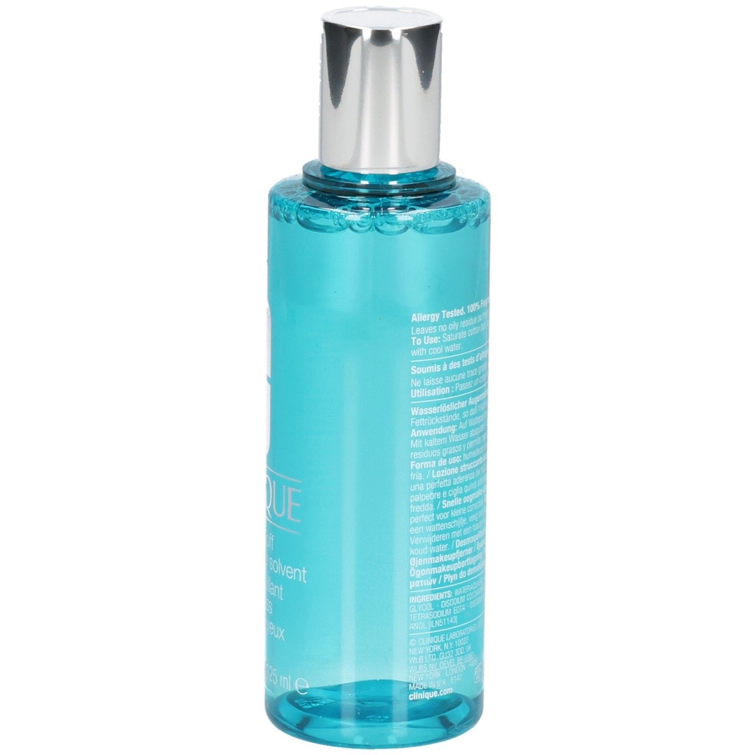Seitenansicht des Clinique Augen Make-up Entferners, 125 ml, mit detaillierten Anwendungshinweisen.
