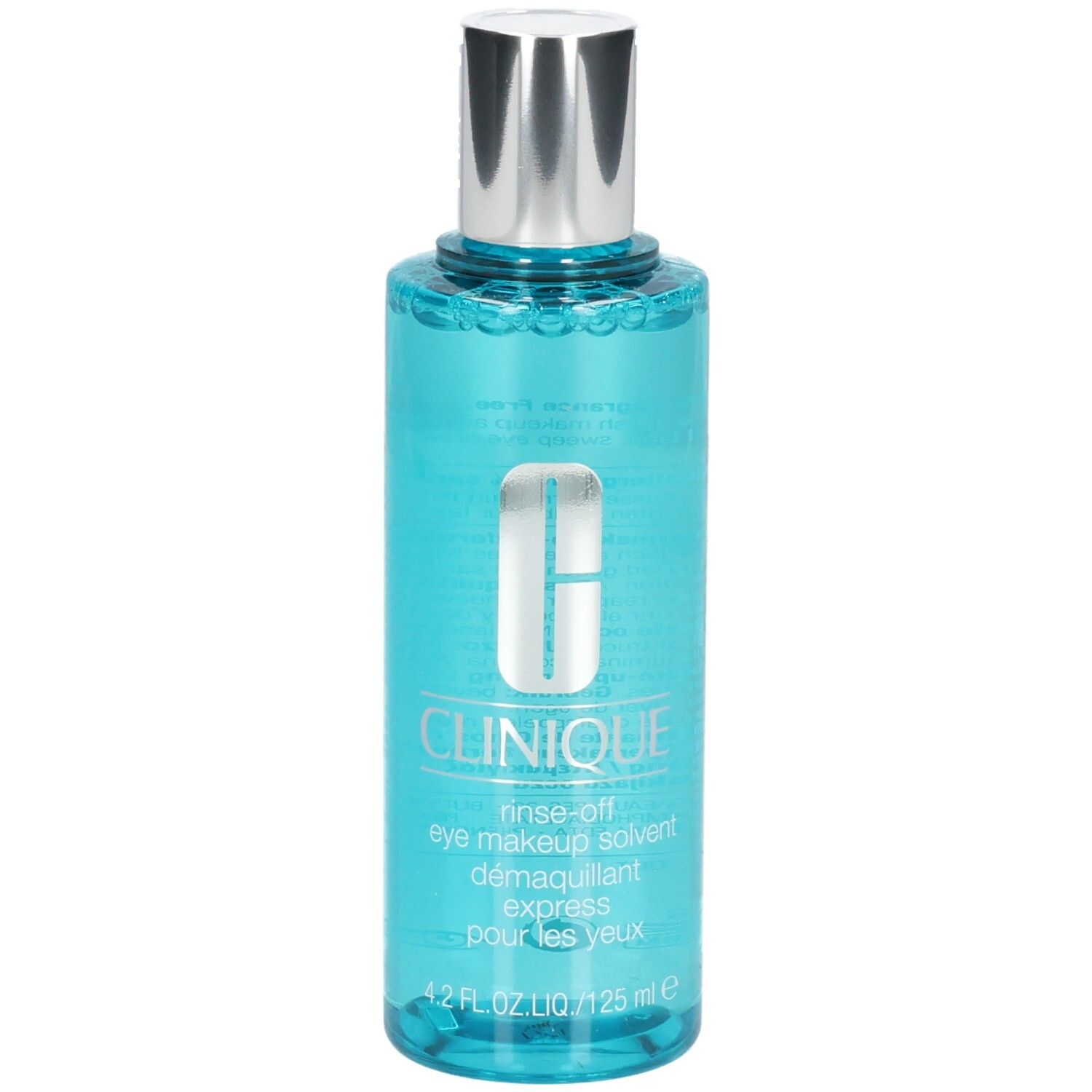 Clinique Augen Make-up Entferner, 125 ml, blaue Flüssigkeit in transparenter Flasche mit silbernem Verschluss.