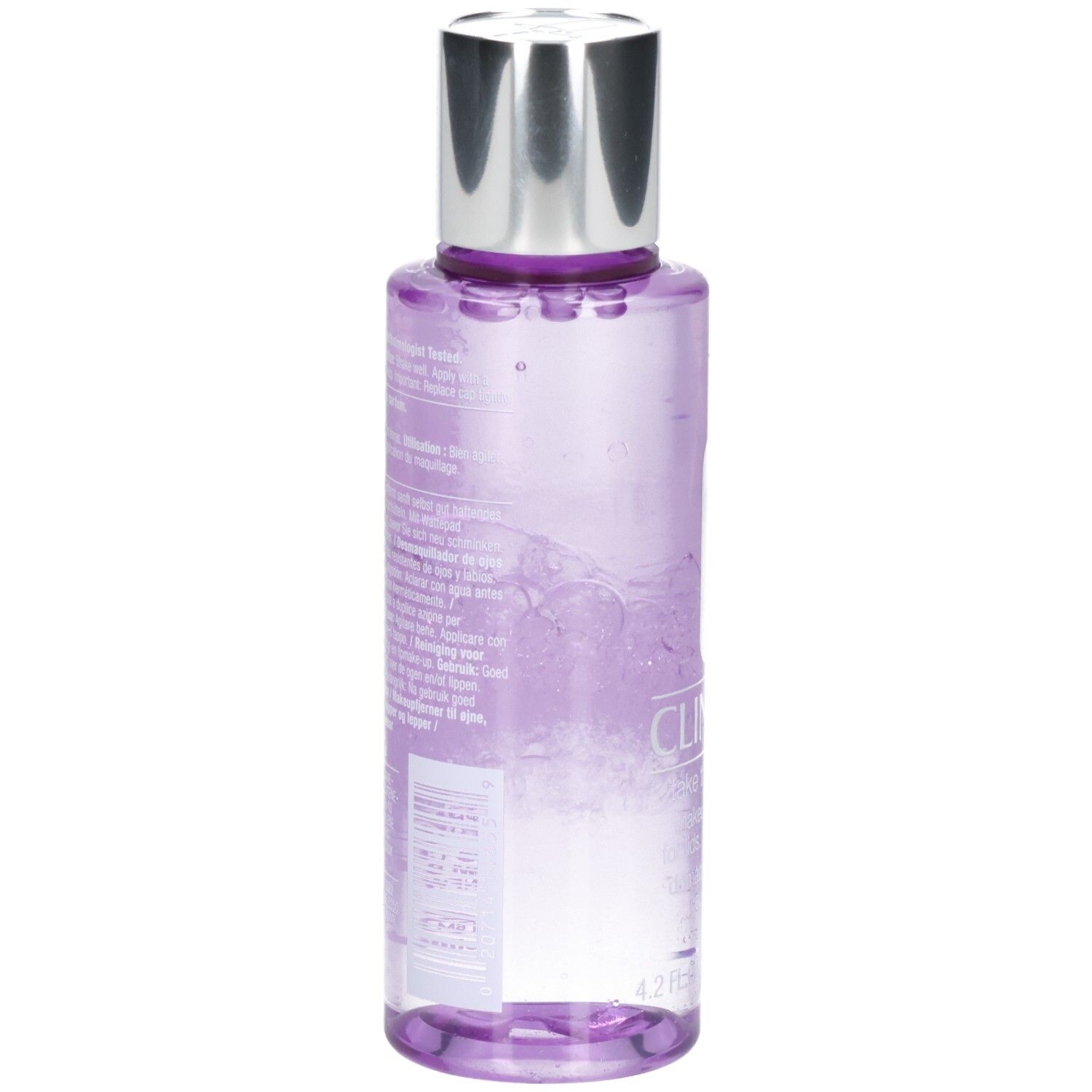 Rückseite der Clinique Make-up Entferner Flasche mit Etikett.