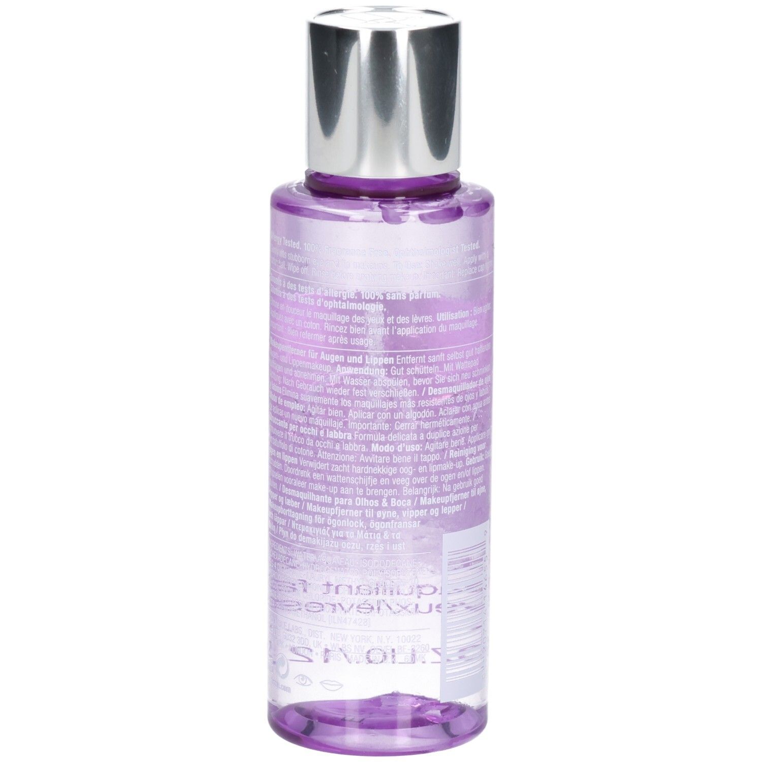 Seitenansicht der Clinique Make-up Entferner Flasche mit Etikett.