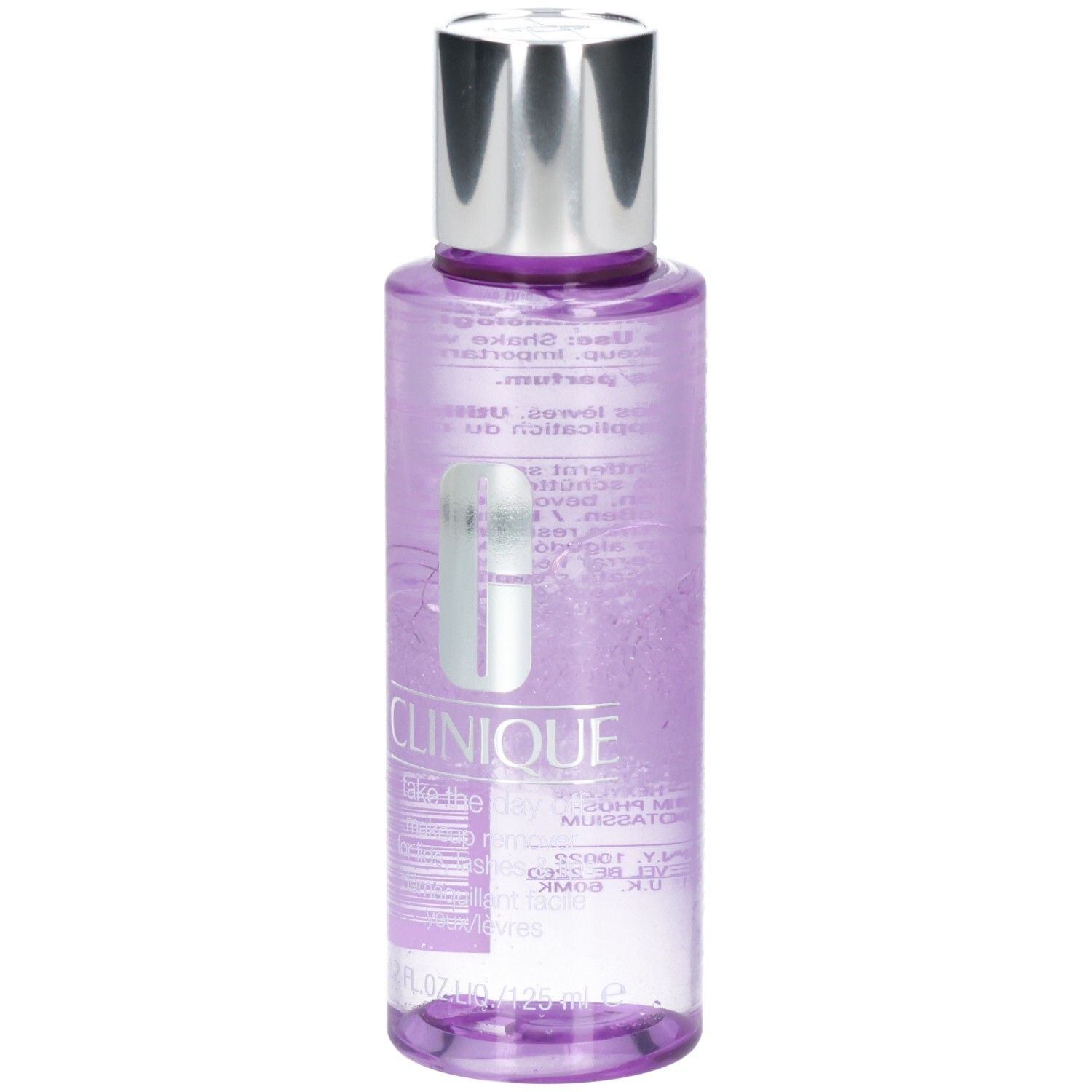 Clinique Make-up Entferner Flasche, Vorderseite mit Logo und Text.