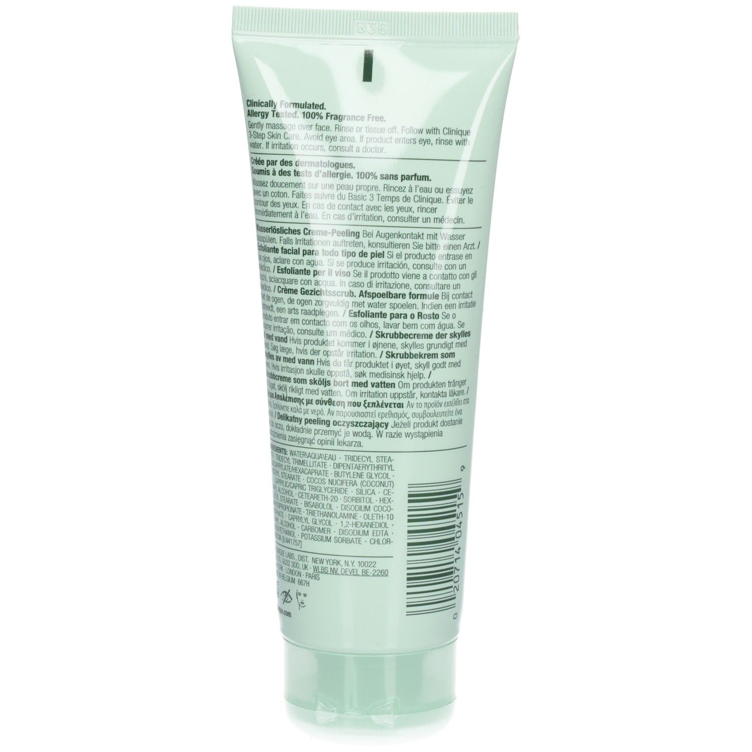 Rückseite einer hellgrünen Tube. Text in mehreren Sprachen, darunter Deutsch, Französisch, Italienisch und Niederländisch. Barcode unten.