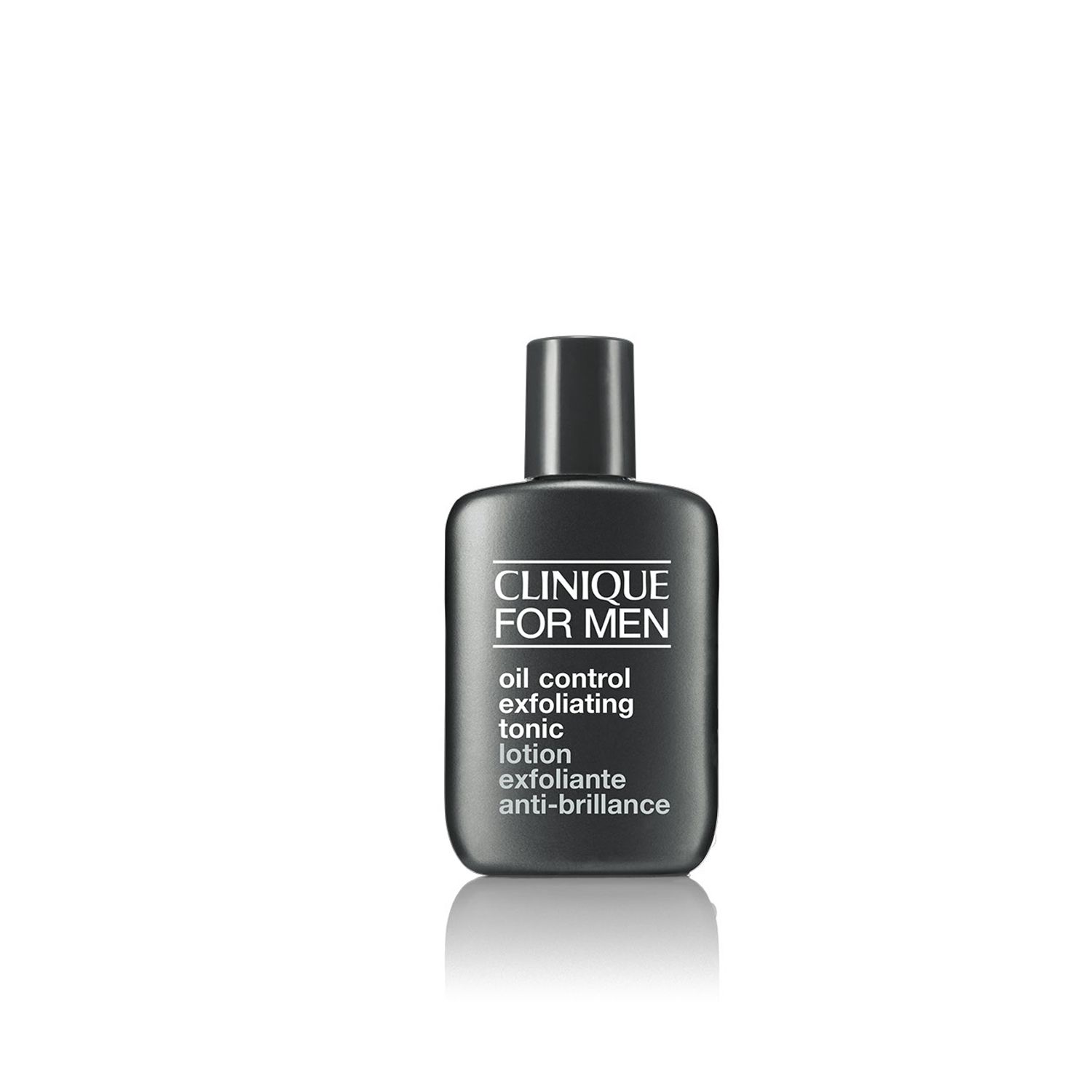 Dunkelgraue Flasche mit schwarzem Deckel. Aufschrift: CLINIQUE FOR MEN, oil control exfoliating tonic lotion, exfoliant anti-brillance.