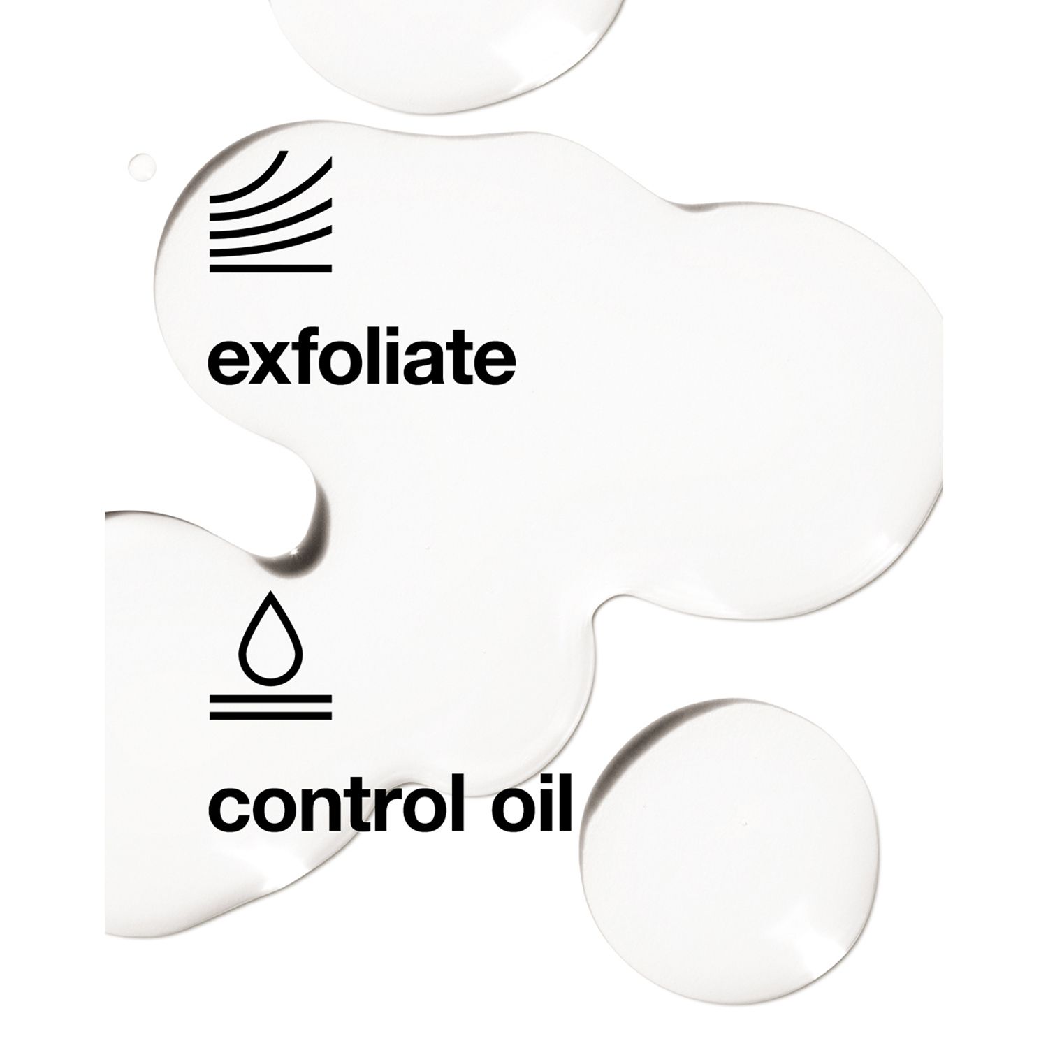 Grafische Darstellung mit Symbolen und Text: exfoliate, control oil. Weiße Flüssigkeit im Hintergrund.