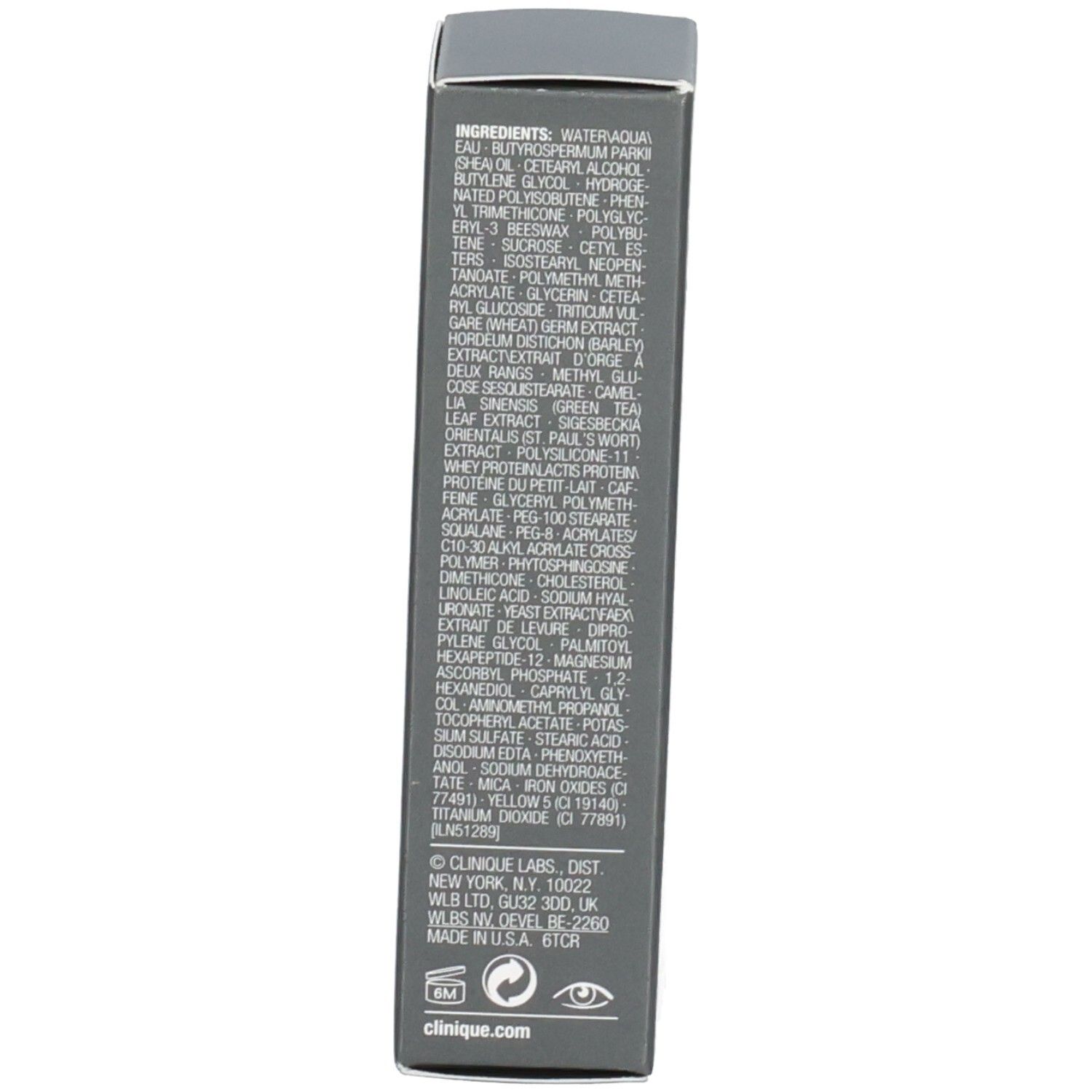 Seite der Faltschachtel mit Inhaltsstoffen der Clinique For Men Anti-Age Augencreme.