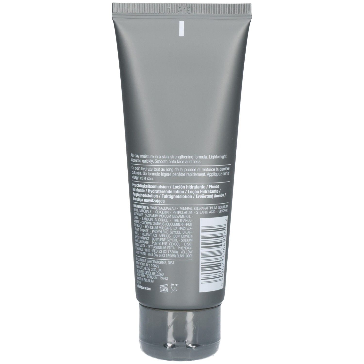 Rückseite einer grauen Tube. Text in mehreren Sprachen, darunter: moisturizing lotion, fluide hydratant. Barcode und Inhaltsstoffe.