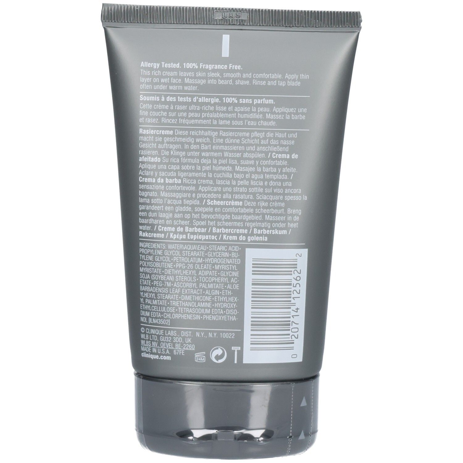Rückseite der grauen Tube. Text in mehreren Sprachen, darunter "Allergy Tested, 100% Fragrance Free".