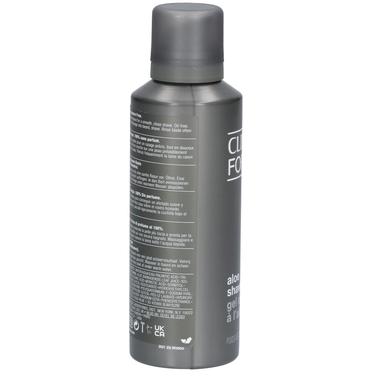 Clinique For Men Aloe Shave Gel Flasche, Rückseite mit Text.