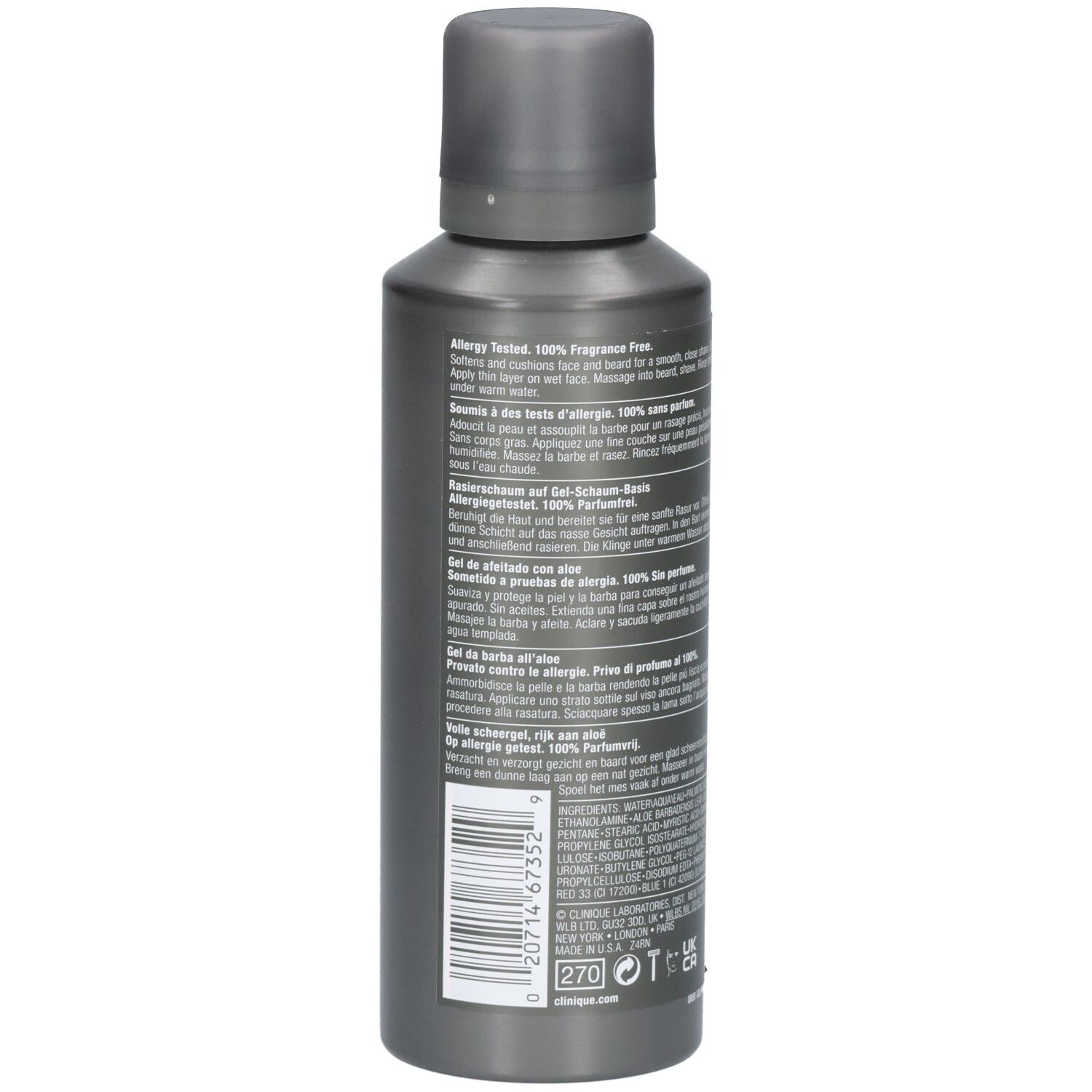 Clinique For Men Aloe Shave Gel Flasche, Rückseite mit Text und Barcode.