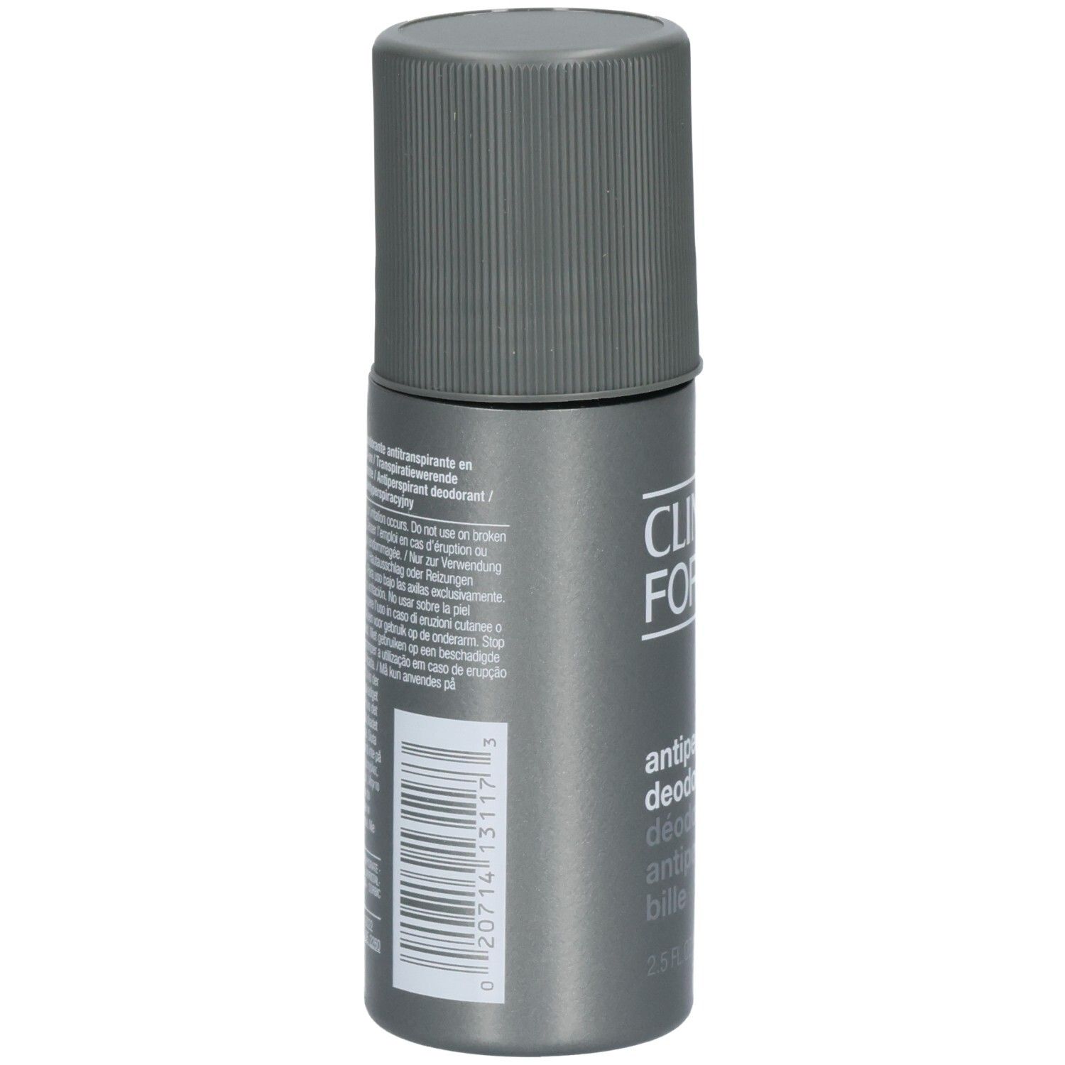 Rückseite des Clinique For Men Antiperspirant-Deodorant Roll-ons mit Barcode und Produktinformationen.